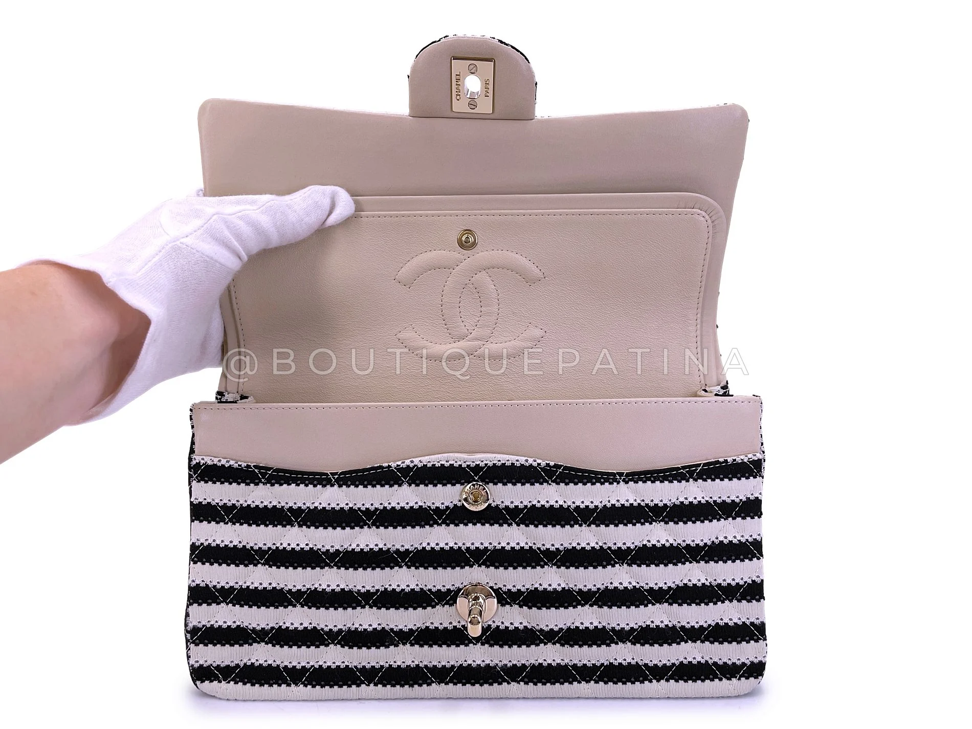 Chanel 2014 Black Striped Coco Sailor Pearl Medium Classic Double Flap Bag GHW H68 - Image 10