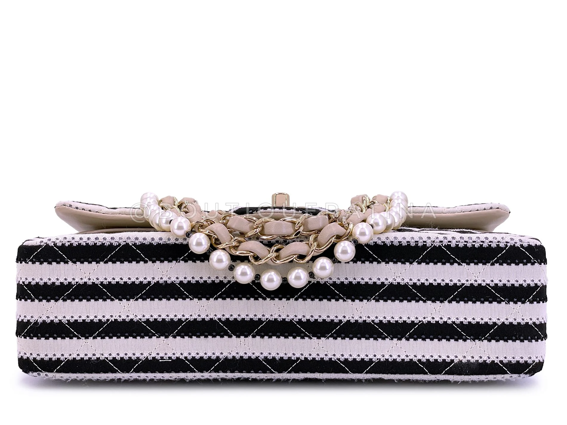 Chanel 2014 Black Striped Coco Sailor Pearl Medium Classic Double Flap Bag GHW H68 - Image 6