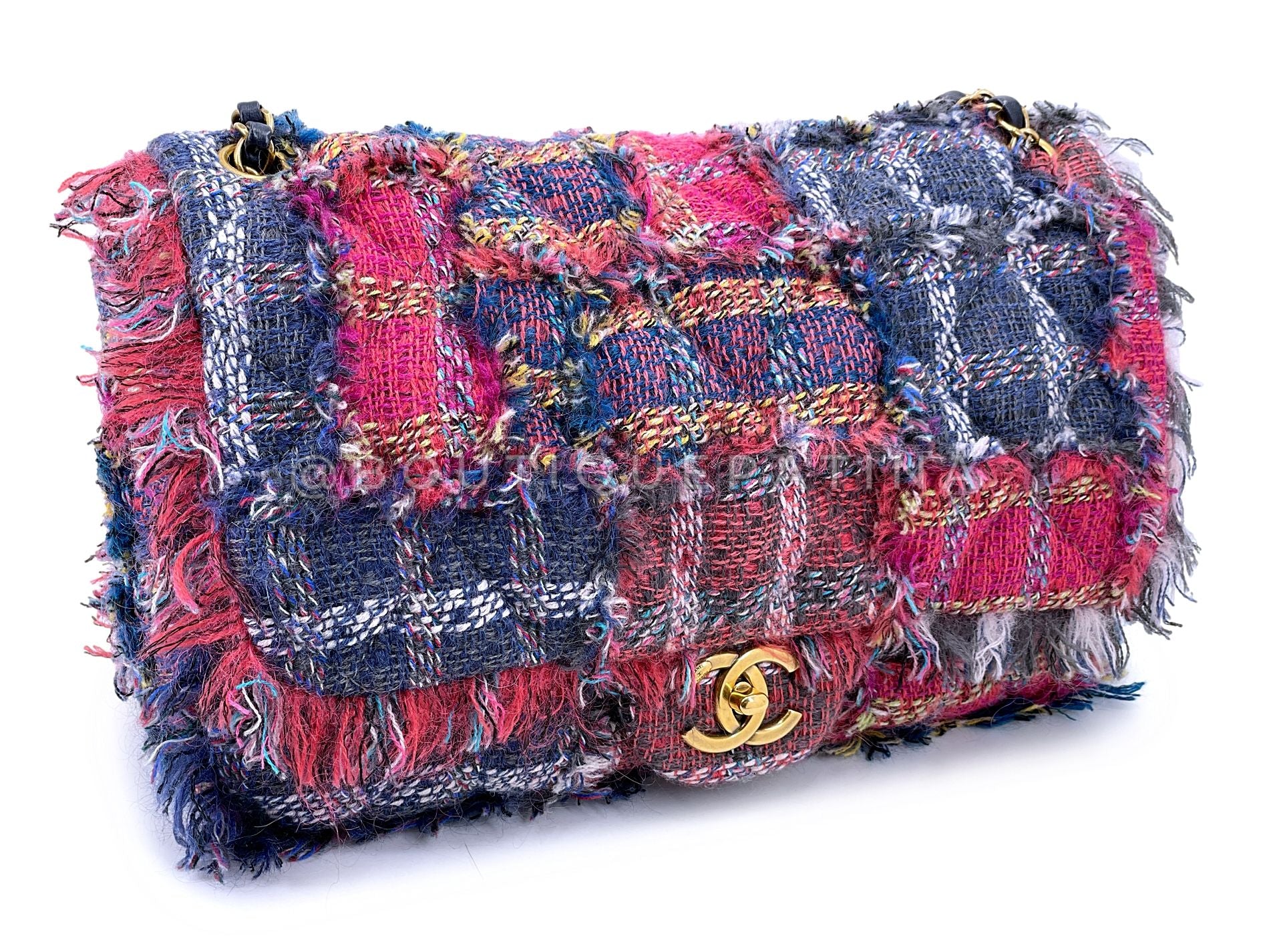 Chanel 2014 Multicolor Fringe Tweed Dark Pink Purple Flap Bag GHW 611 - Image 3