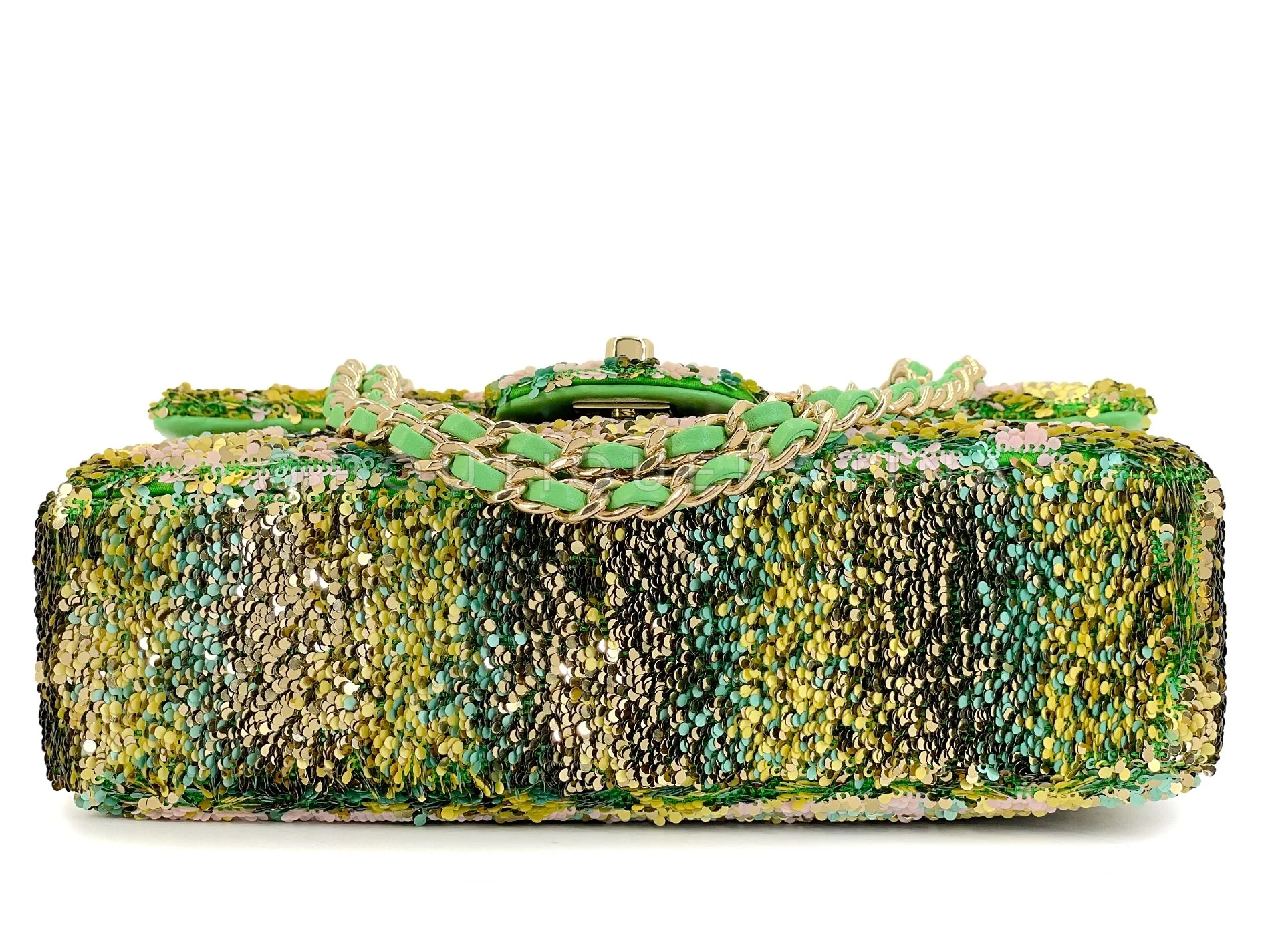 Chanel 2021 Iconic Green Pastel Letter Sequin Green Rectangular Mini Flap Bag GHW 2EE - Image 6