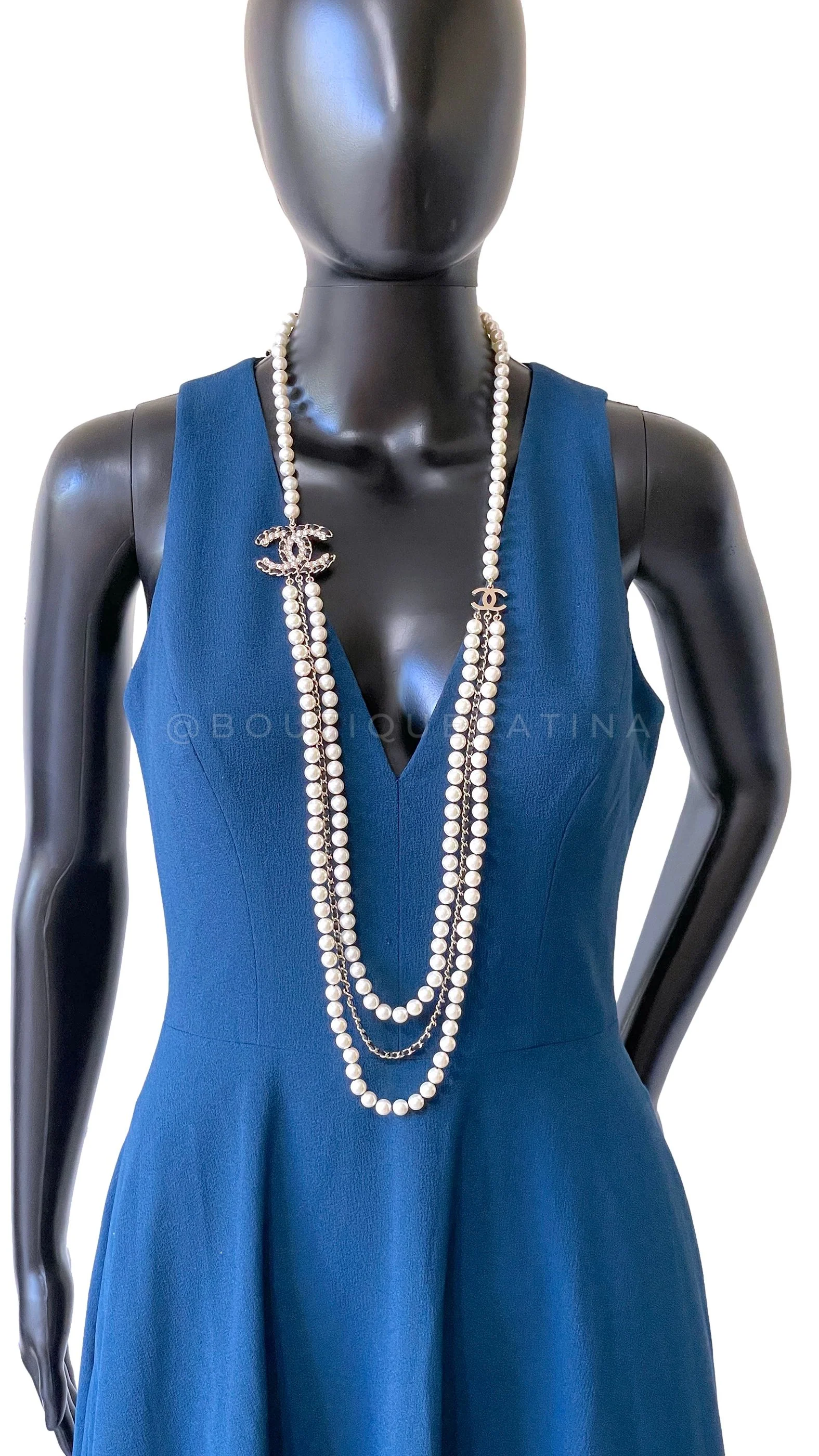 Chanel 20C Long Pearl Necklace Triple Strand Crystal Woven CC - Image 7