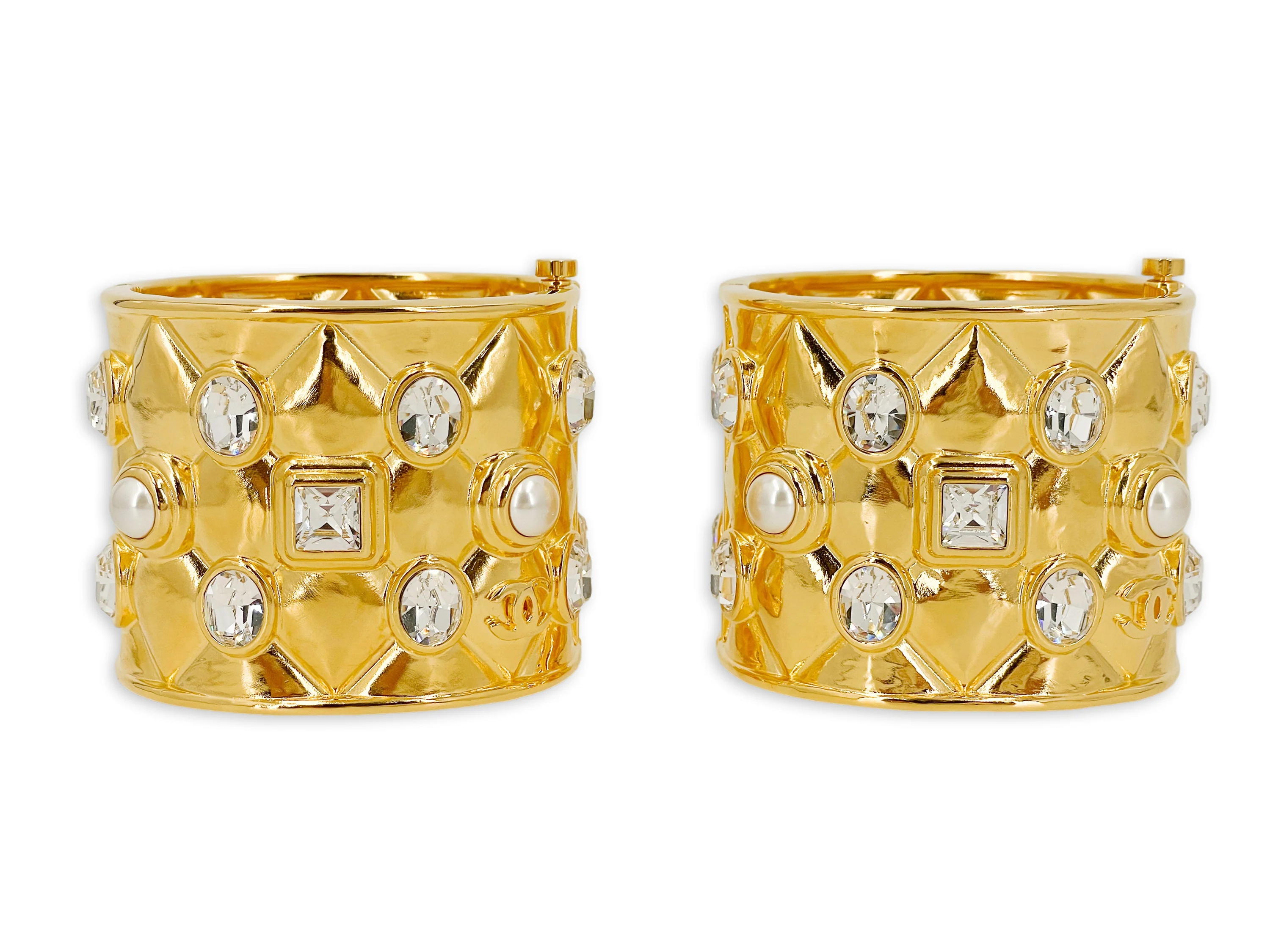 Chanel 21A Crystal and Pearl Quilted Cuff Bracelet Set of 2