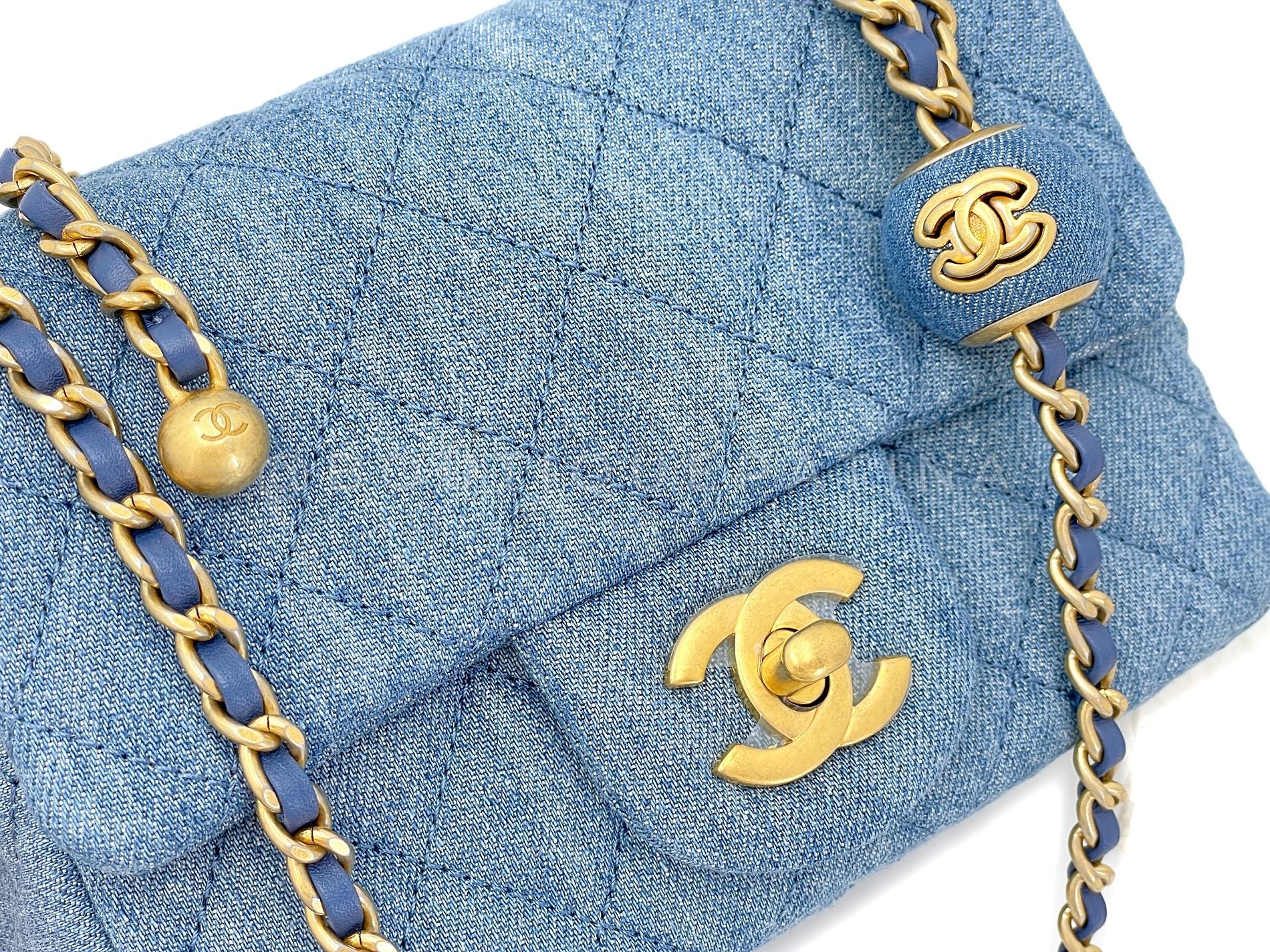 Chanel 22C Blue Denim Pearl Crush Square Mini Flap Bag GHW 93E - Image 8