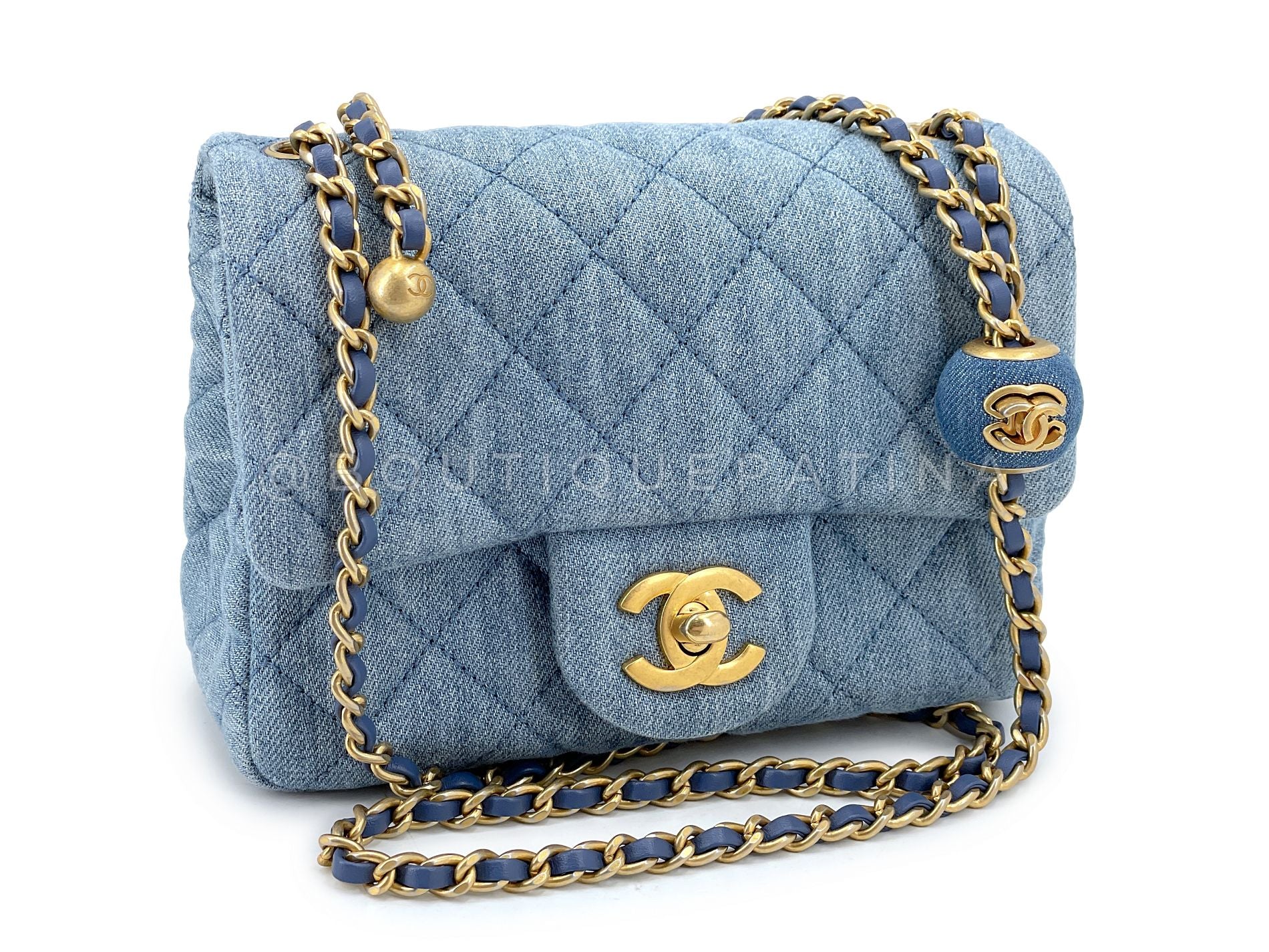 Chanel 22C Blue Denim Pearl Crush Square Mini Flap Bag GHW 93E - Image 2