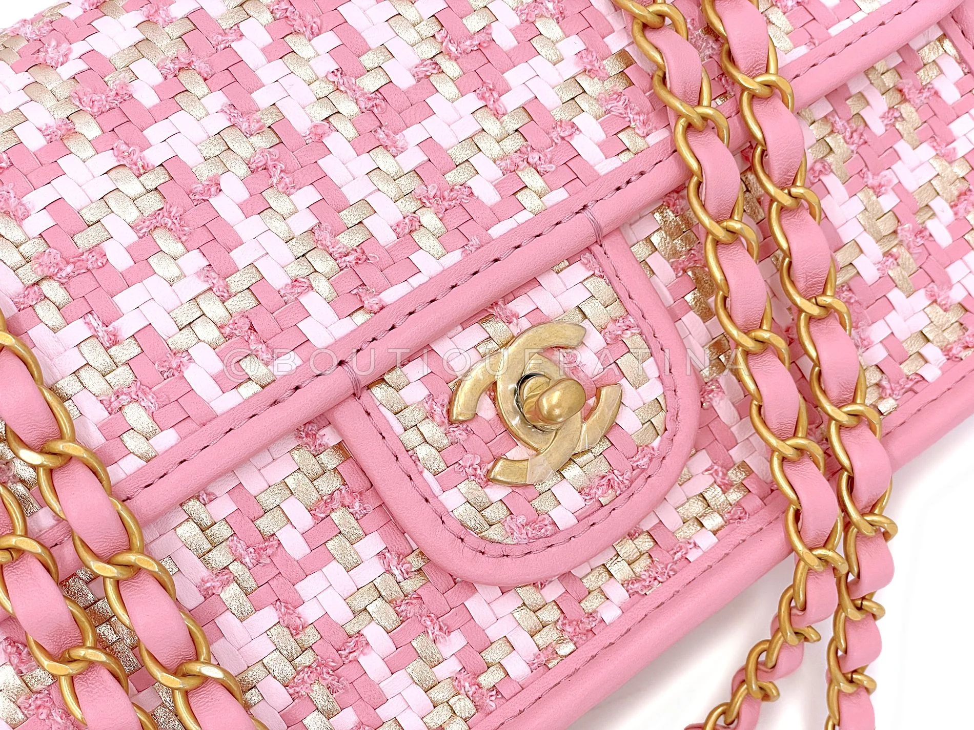 Chanel 23C Woven Houndstooth Pink Gold White Flap Bag GHW 72B - Image 8