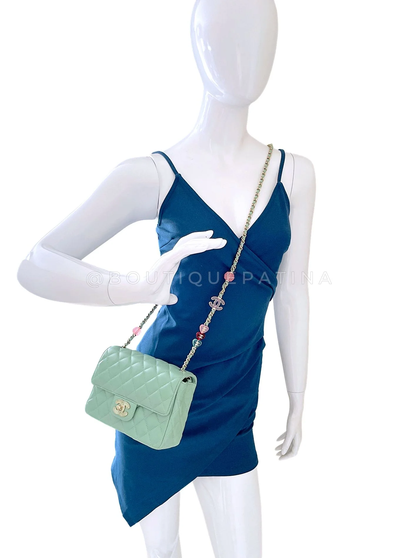 Chanel 23P Mint Green Lambskin Lucite Candy Hearts Square Mini Flap Bag GHW Y8V - Image 14