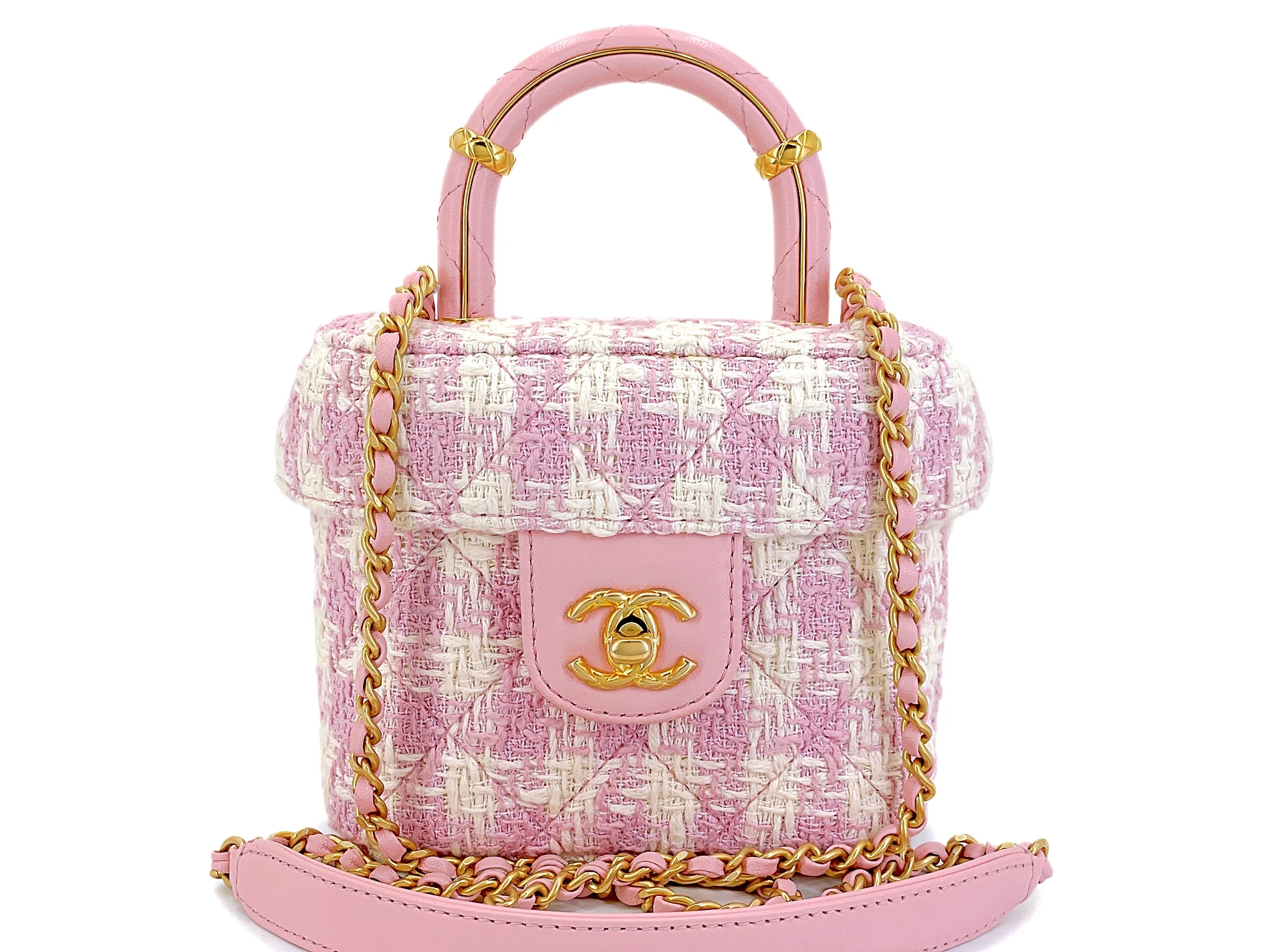 Chanel 23S Ecru Pink Tweed Checkered Vanity Crossbody Bag GHW 4LA