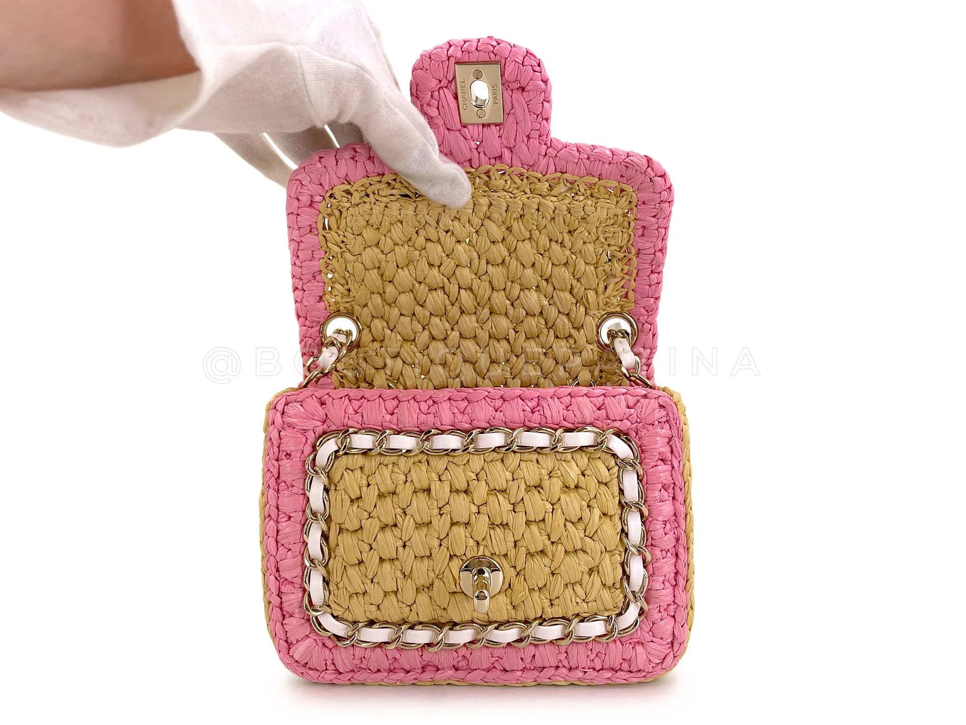 Chanel 24C Venice Beach Raffia Straw Pink Mini Flap Bag GHW SPU - Image 9