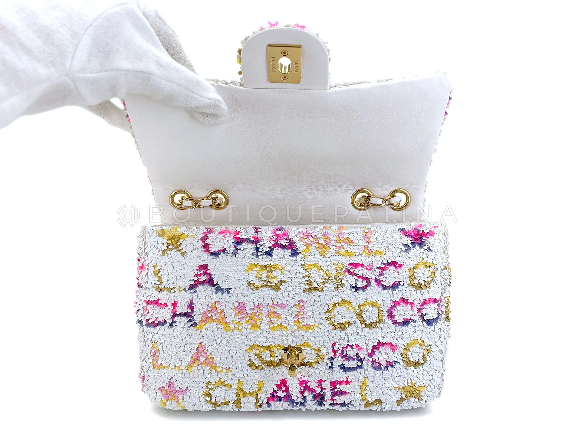 Chanel 24C White Letter Sequin Paris LA Mini Flap Bag GHW XXP - Image 9