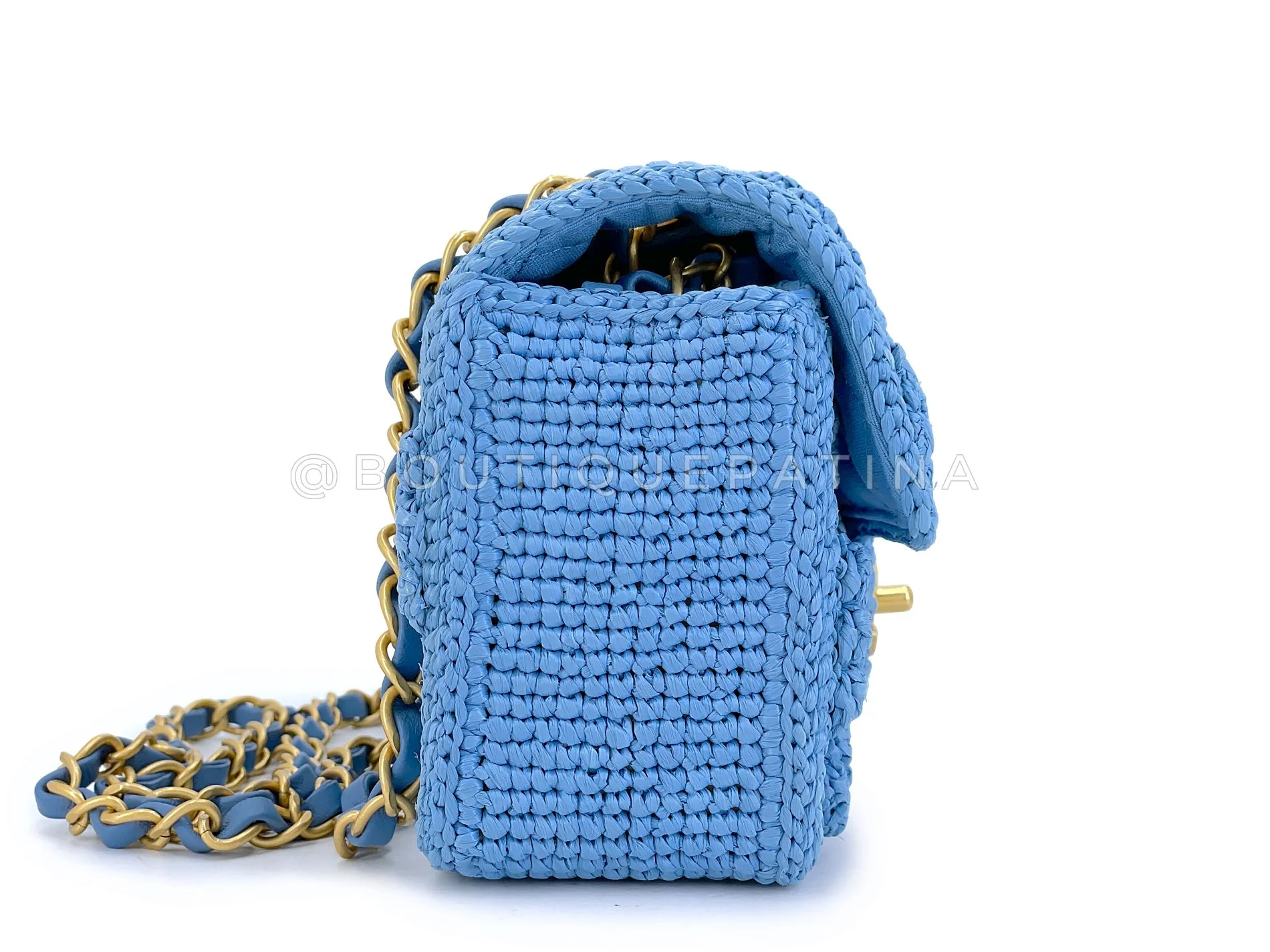 Chanel 24P Blue Raffia Straw Mini Recangular Flap Bag with Charms GHW K2E - Image 4