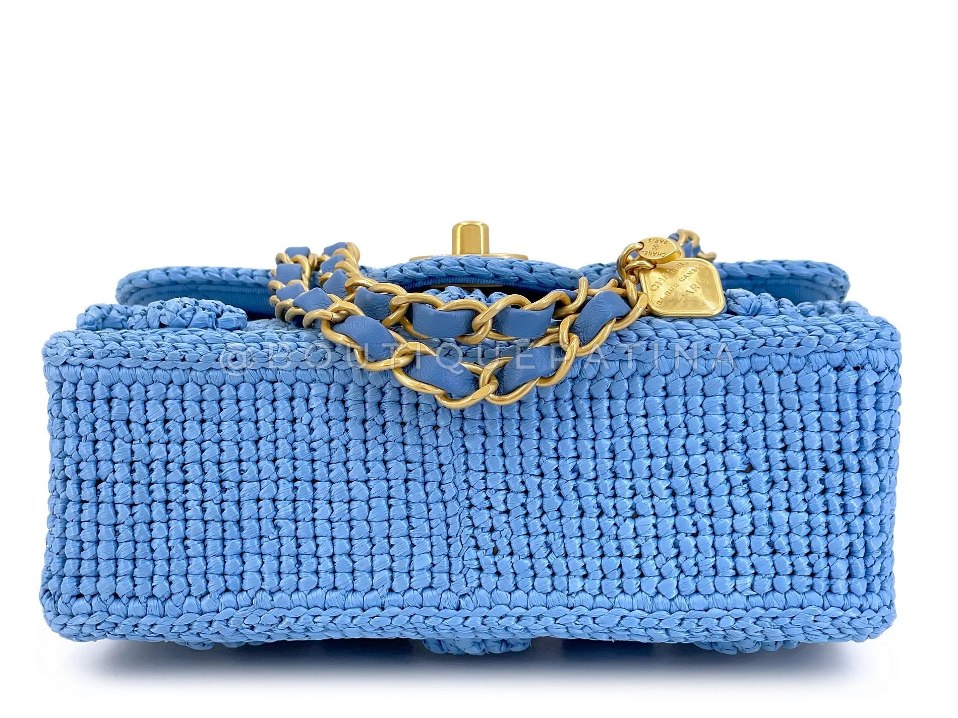 Chanel 24P Blue Raffia Straw Mini Recangular Flap Bag with Charms GHW K2E - Image 6
