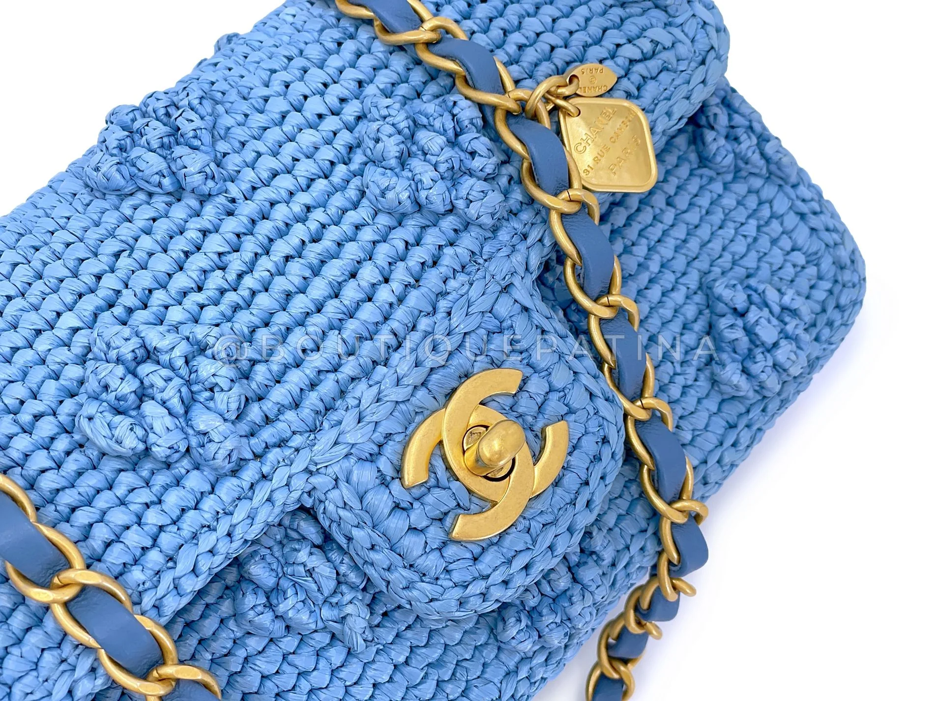 Chanel 24P Blue Raffia Straw Mini Recangular Flap Bag with Charms GHW K2E - Image 8