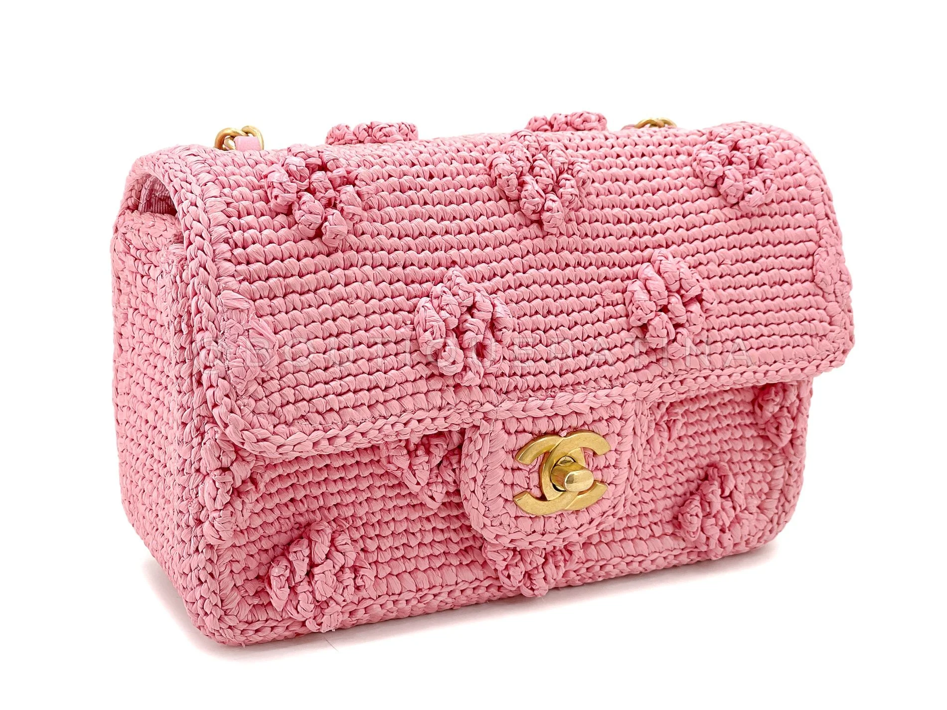 Chanel 24P Pink Raffia Straw Mini Recangular Flap Bag with Charms GHW - Image 3