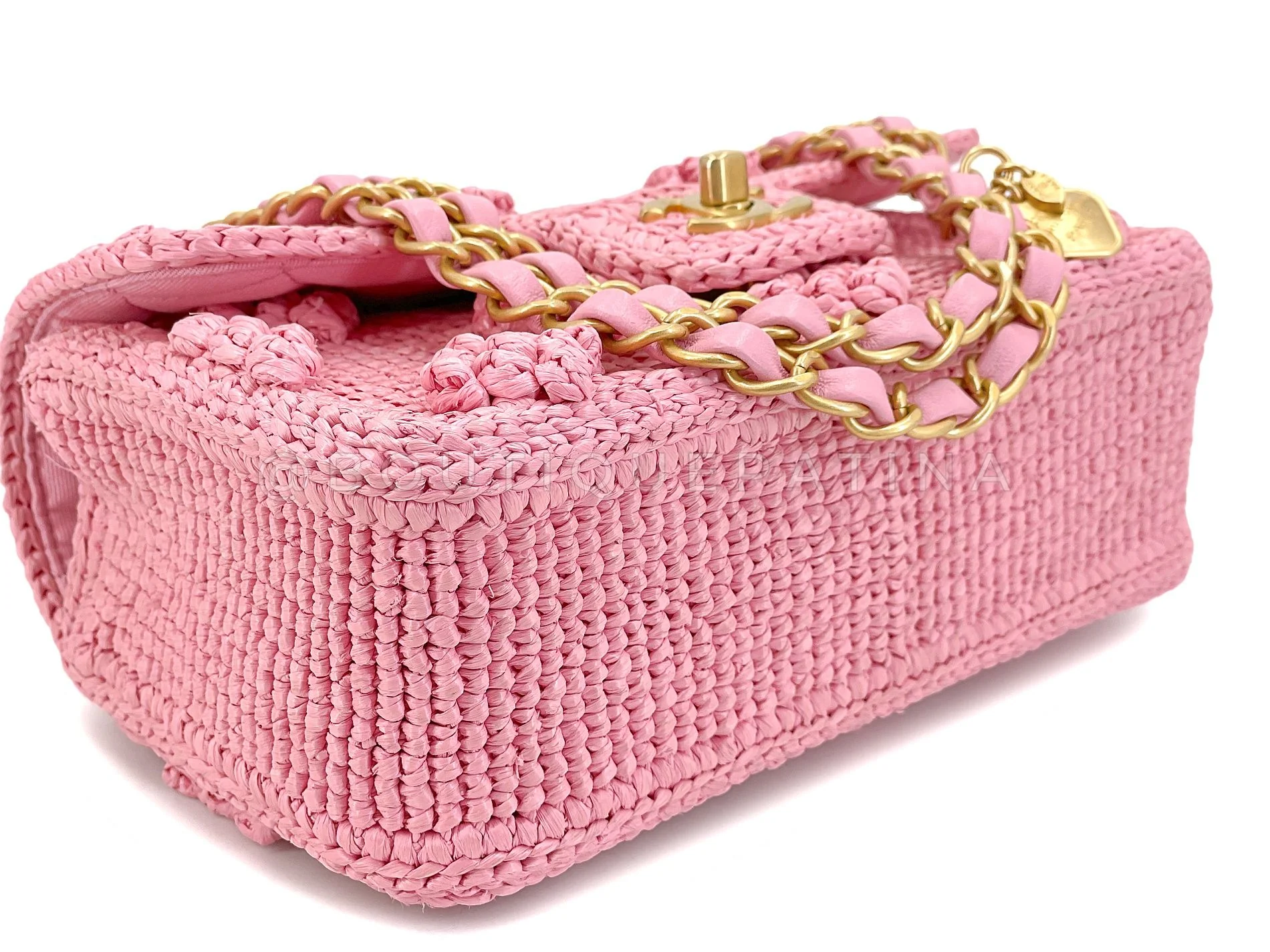 Chanel 24P Pink Raffia Straw Mini Recangular Flap Bag with Charms GHW - Image 7