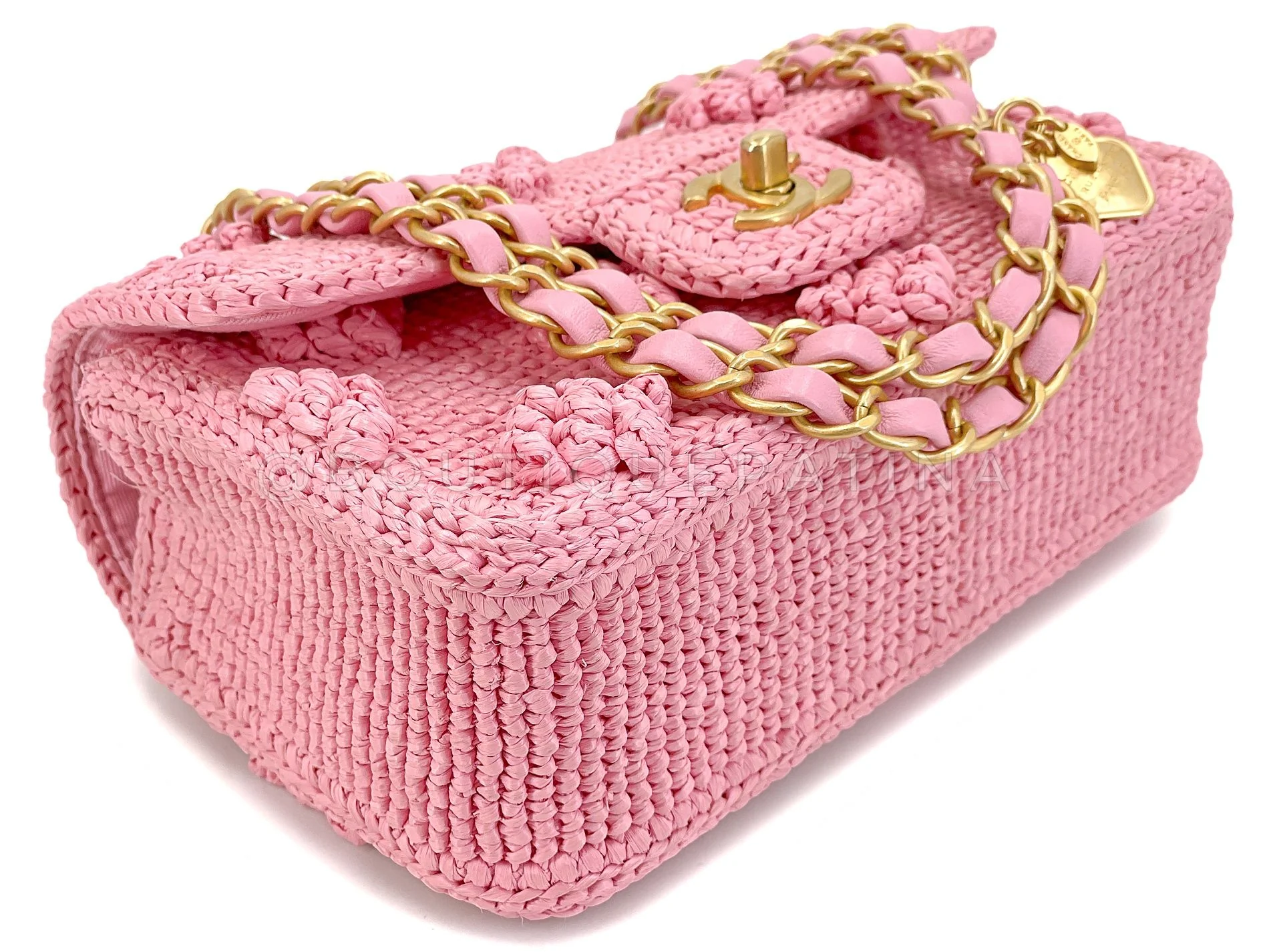 Chanel 24P Pink Raffia Straw Mini Recangular Flap Bag with Charms GHW - Image 8