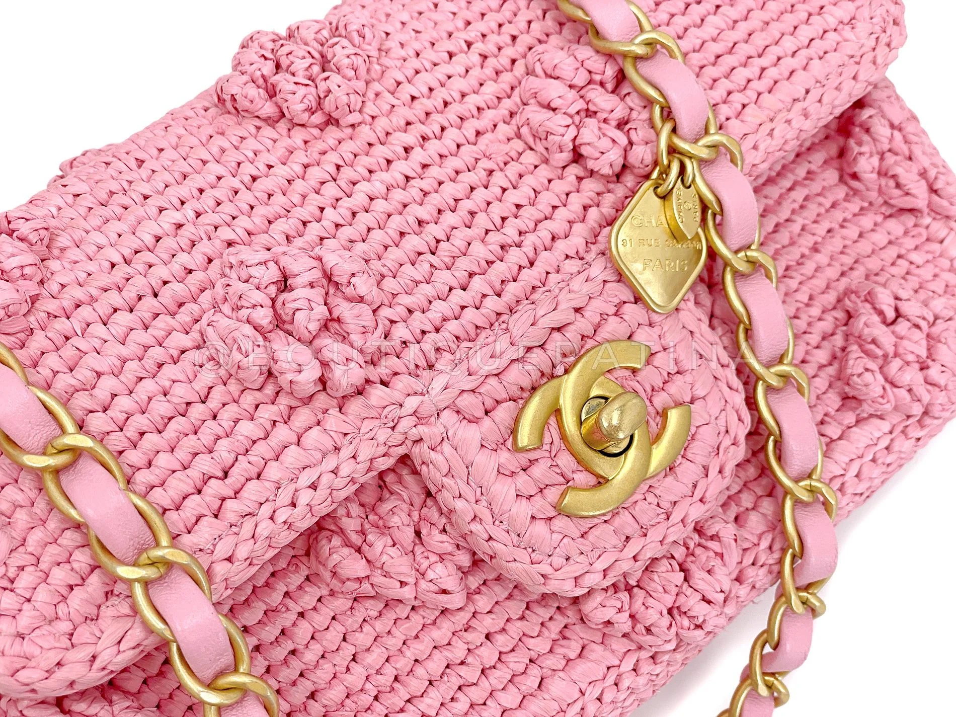 Chanel 24P Pink Raffia Straw Mini Recangular Flap Bag with Charms GHW - Image 9