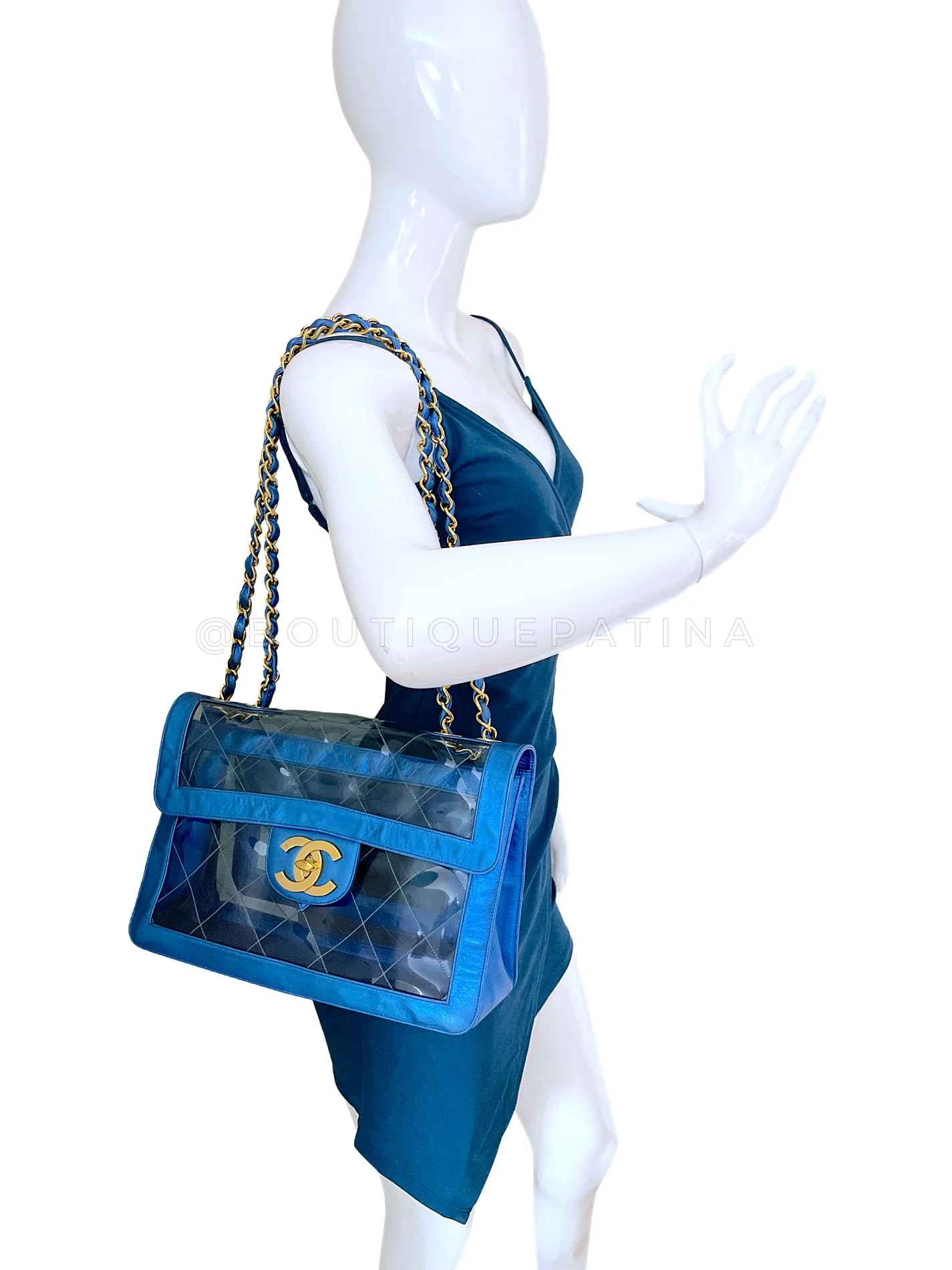 Chanel 95P Vintage "Barbie" Maxi Flap Metallic Blue Bag 24k GHW Classic PCI - Image 13