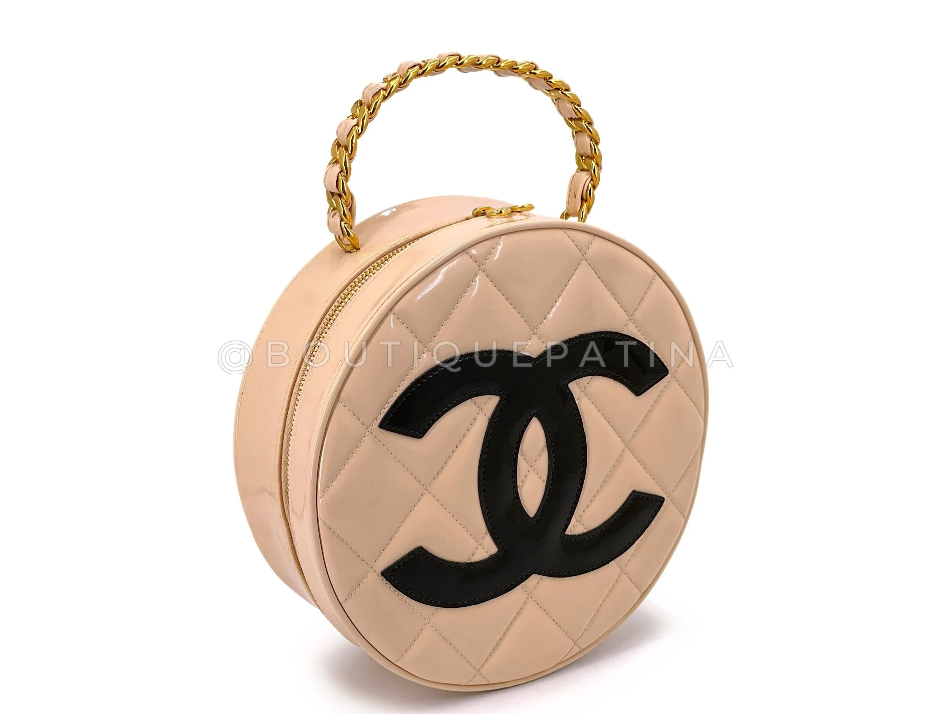 Chanel 95P Vintage "Barbie" Round Vanity Bag Beige Patent 24k GHW E0R - Image 2