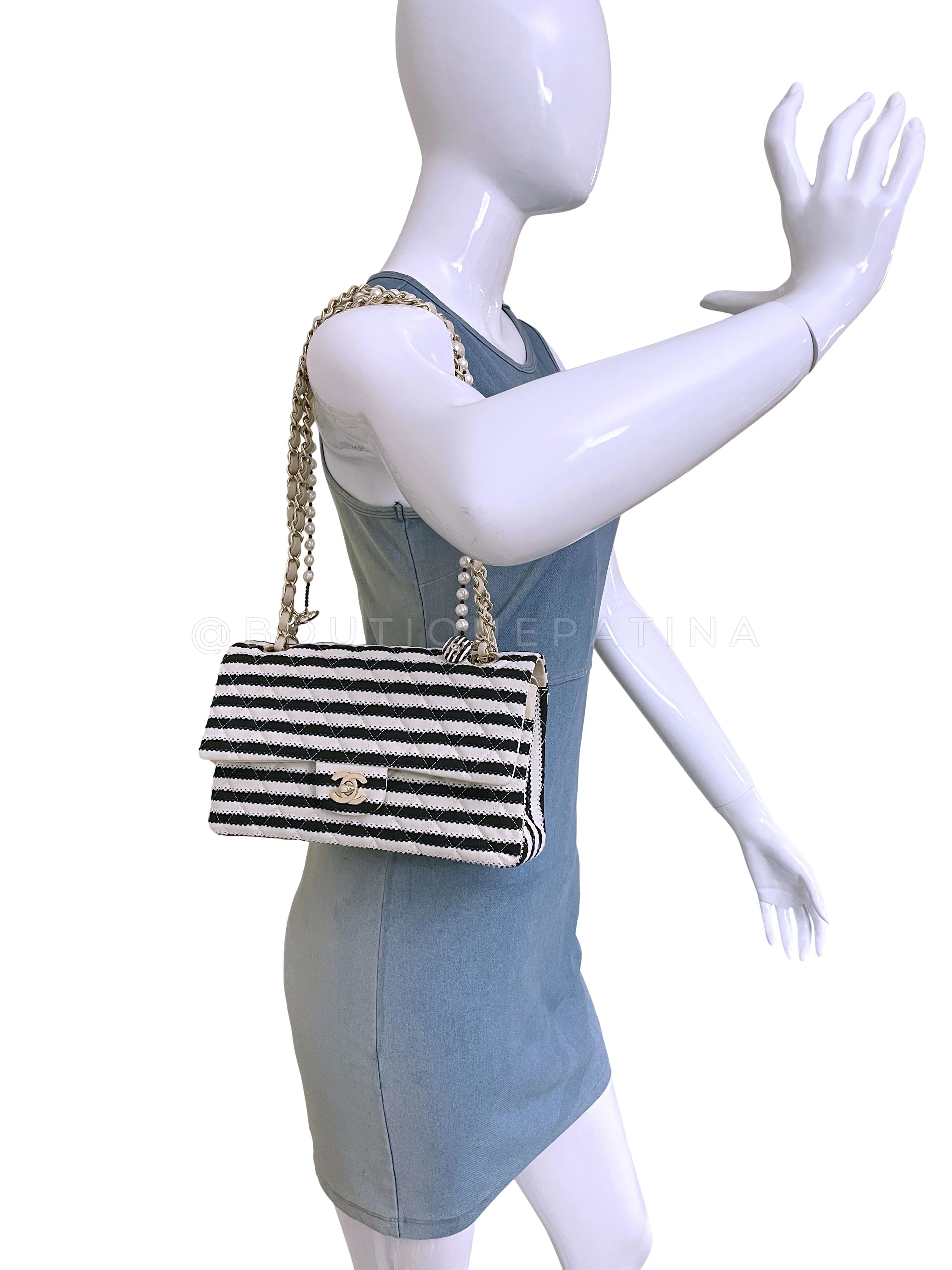 Chanel Beige-Black Coco Sailor Pearls Medium Classic Double Flap Bag GHW - Image 15