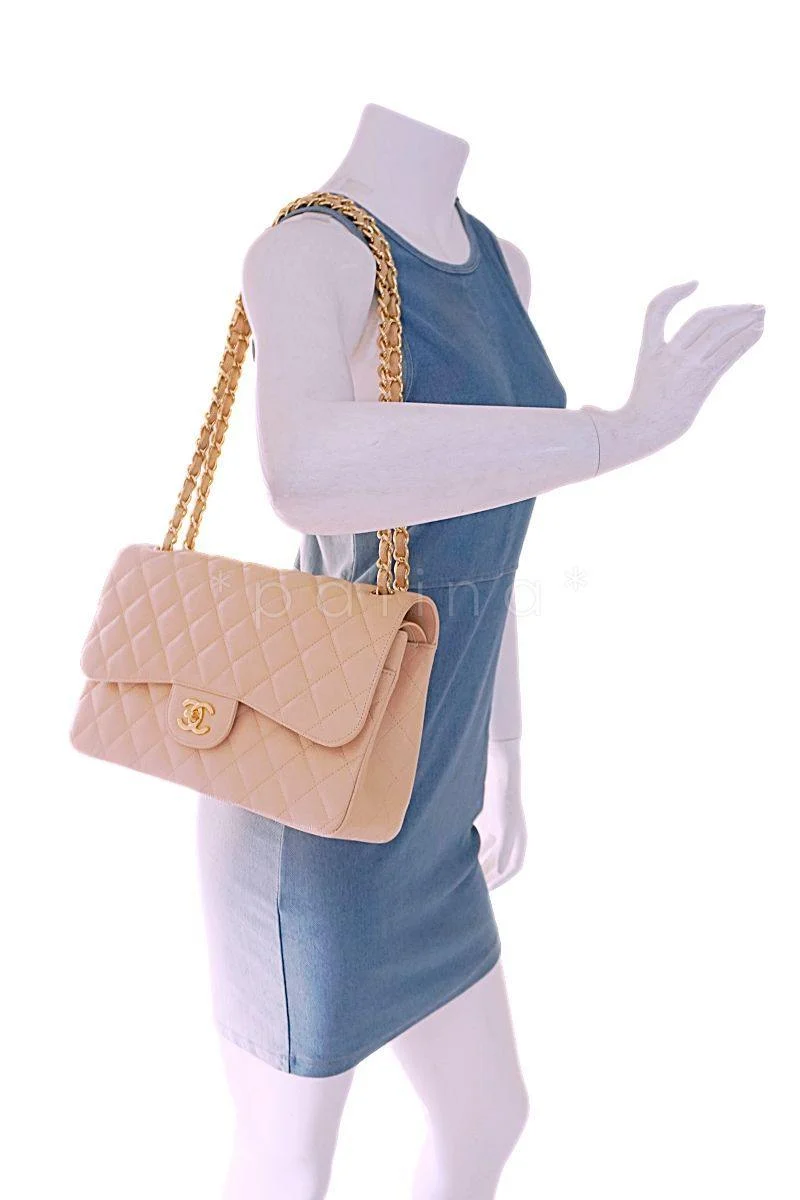 Chanel Beige Clair Caviar Jumbo Classic Double Flap Bag GHW - Image 14