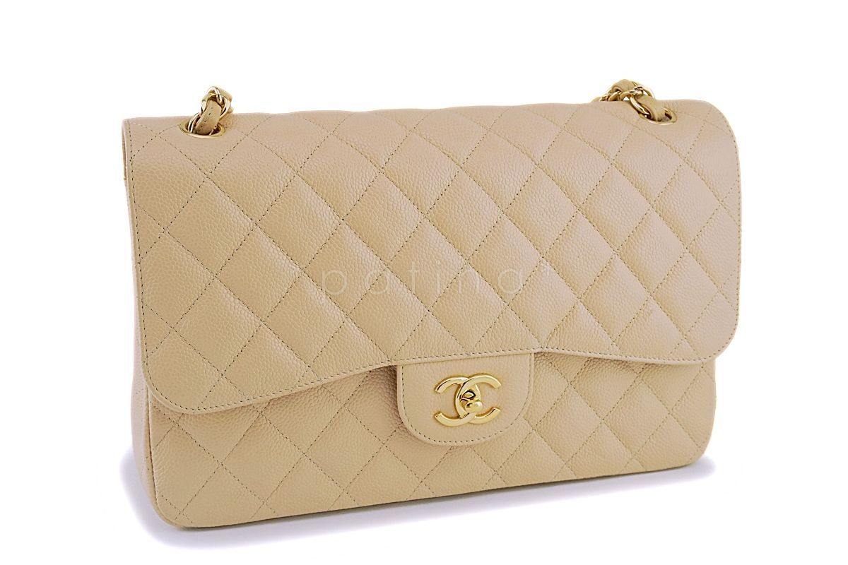 Chanel Beige Clair Caviar Jumbo Classic Double Flap Bag GHW - Image 3
