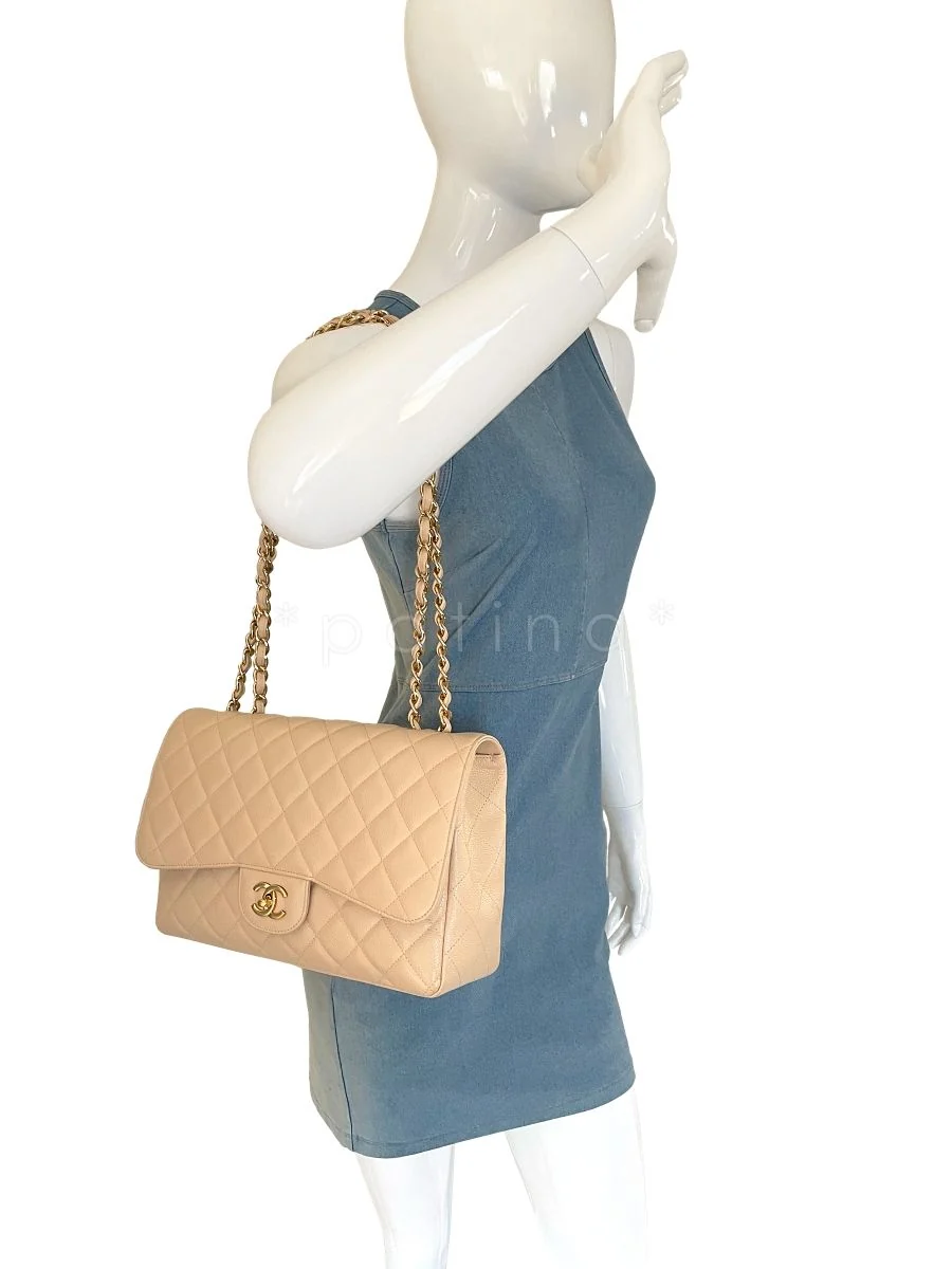 Chanel Beige Clair Caviar Jumbo Classic Flap Bag GHW - Image 14