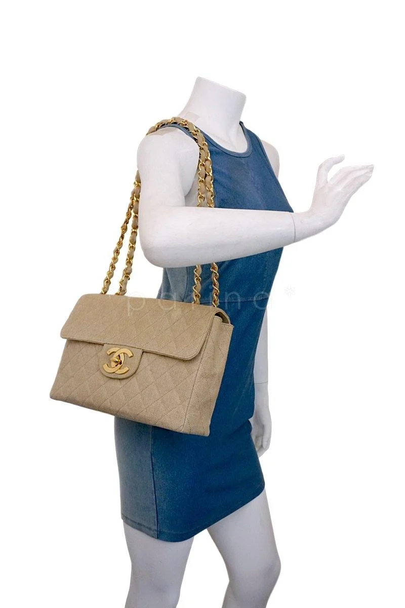Chanel Beige Vintage Linen Canvas Jumbo Classic Flap Bag 24k GHW - Image 14