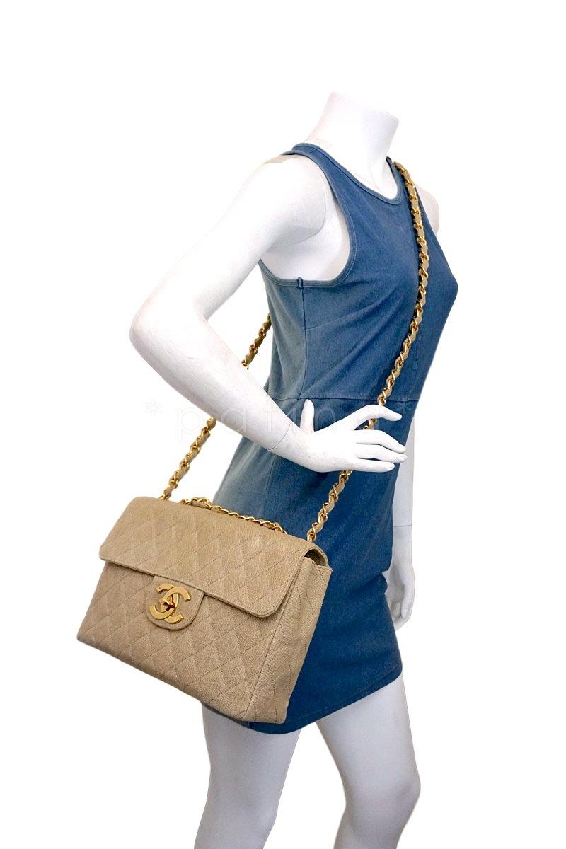 Chanel Beige Vintage Linen Canvas Jumbo Classic Flap Bag 24k GHW - Image 15
