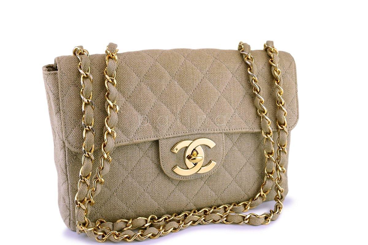 Chanel Beige Vintage Linen Canvas Jumbo Classic Flap Bag 24k GHW - Image 2