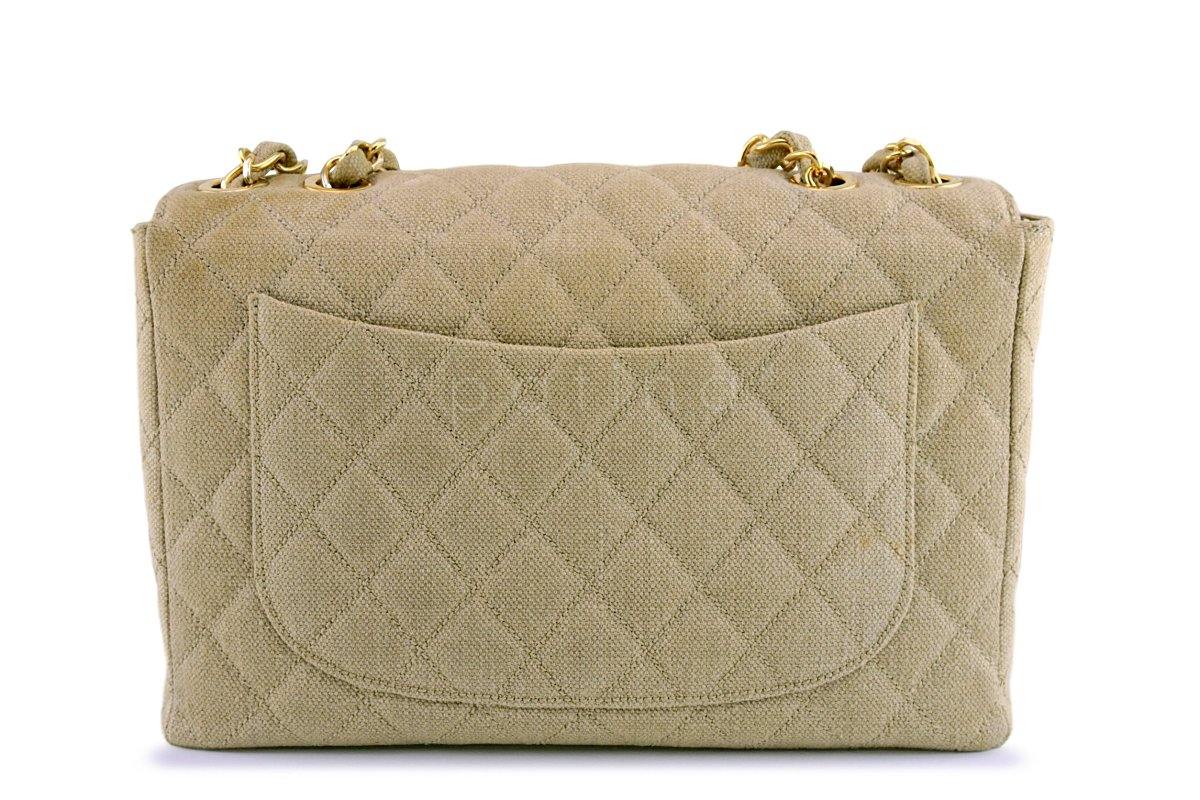 Chanel Beige Vintage Linen Canvas Jumbo Classic Flap Bag 24k GHW - Image 5