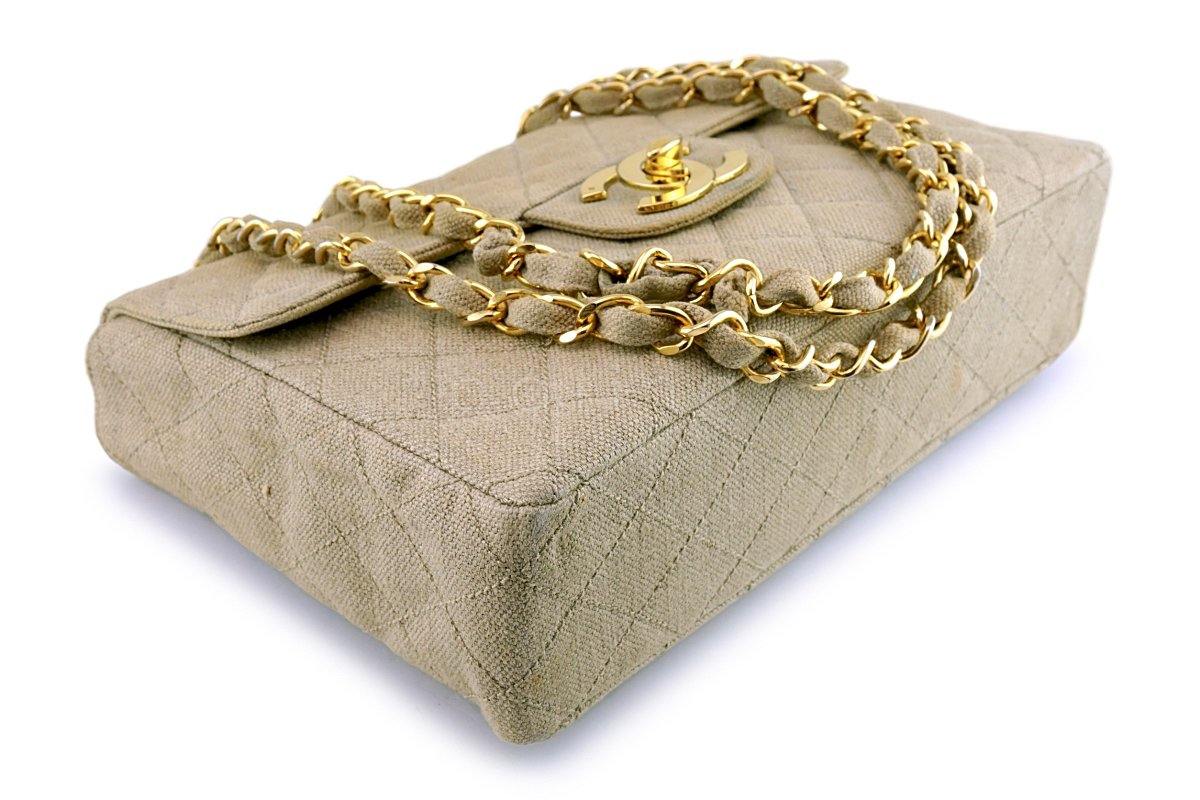 Chanel Beige Vintage Linen Canvas Jumbo Classic Flap Bag 24k GHW - Image 7