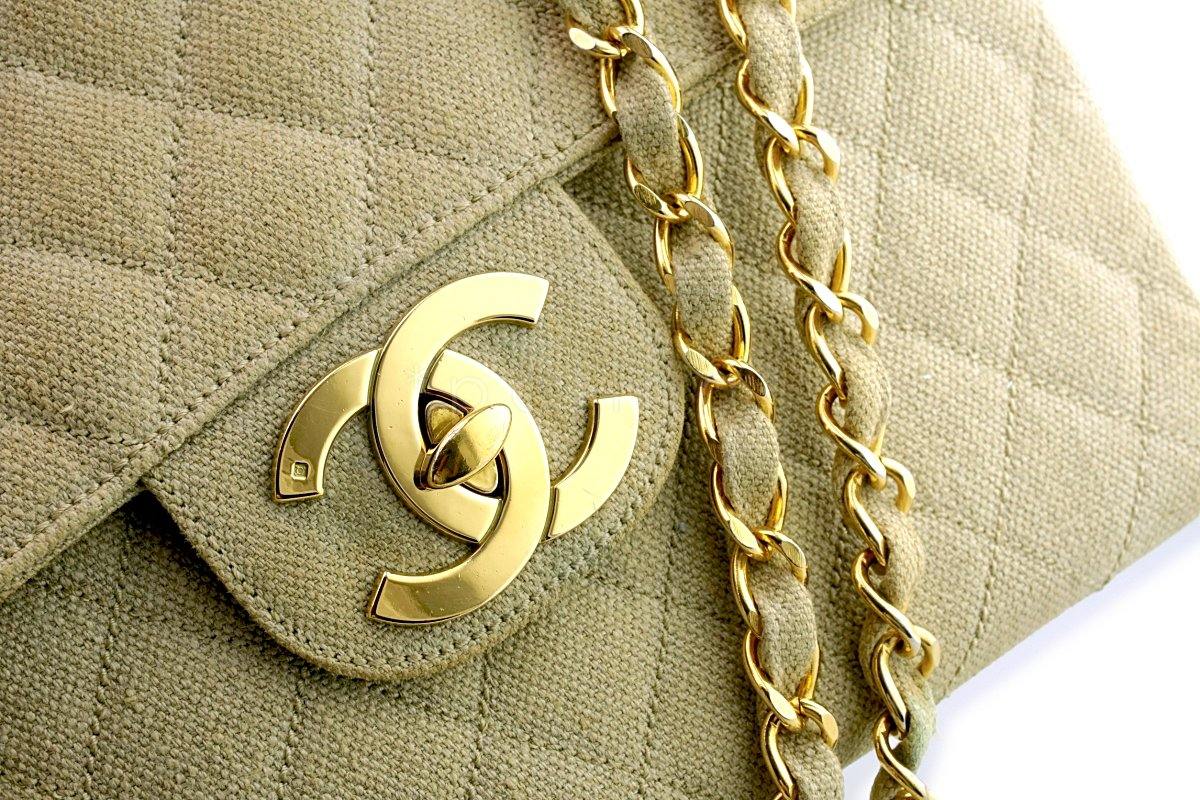 Chanel Beige Vintage Linen Canvas Jumbo Classic Flap Bag 24k GHW - Image 8