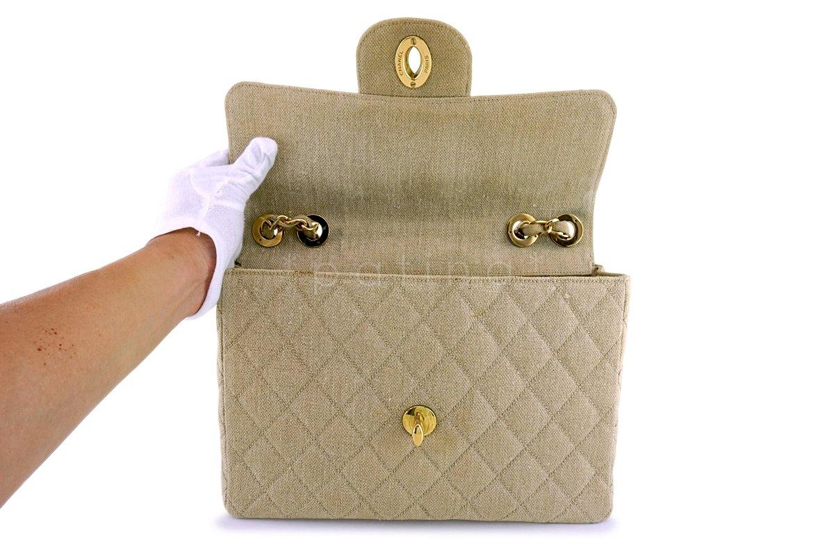 Chanel Beige Vintage Linen Canvas Jumbo Classic Flap Bag 24k GHW - Image 9