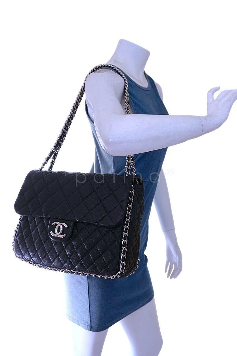 Chanel Black Calfskin Maxi Jumbo XL Luxe Chain Around Flap Bag SHW - Image 14