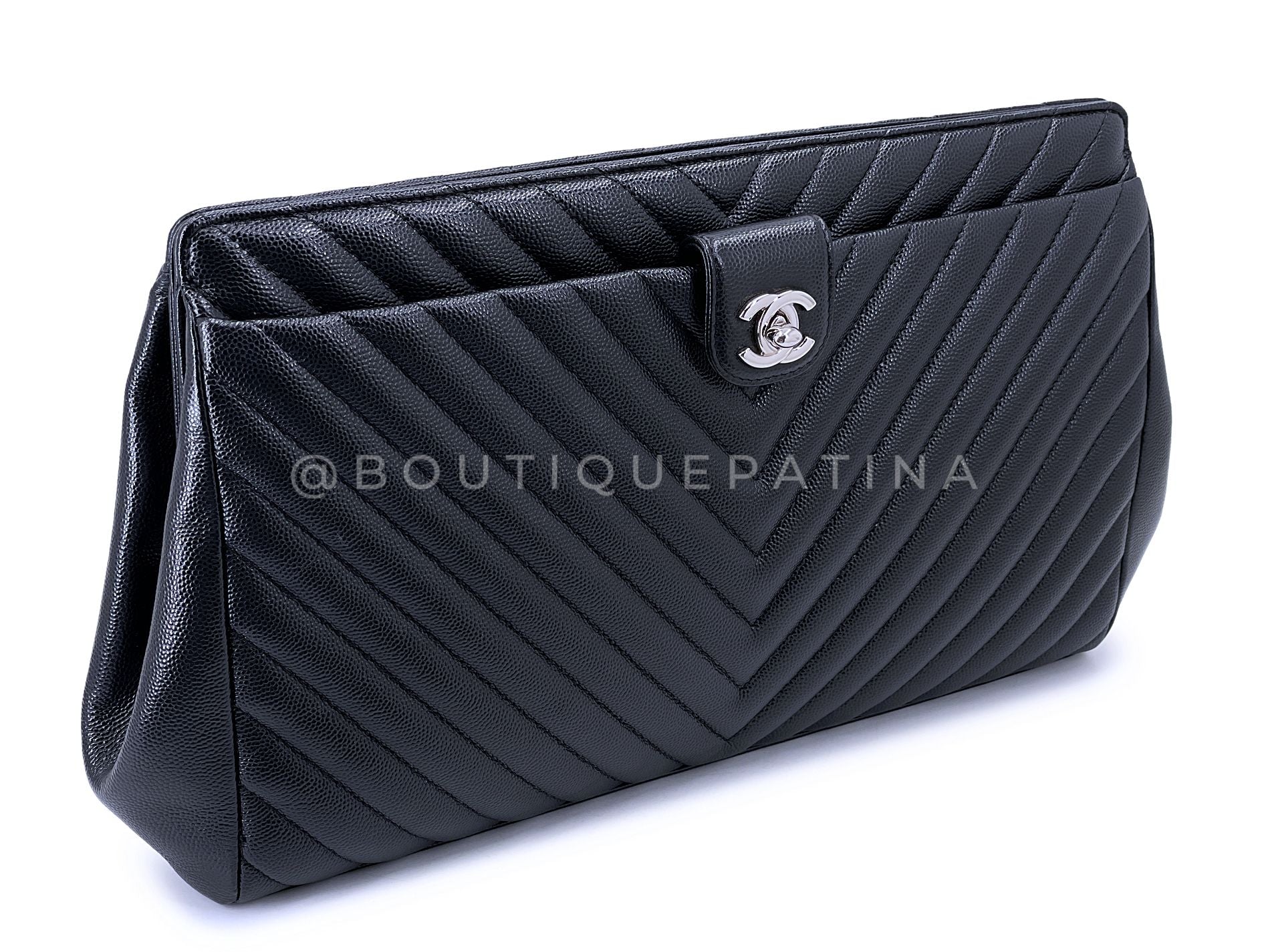 Chanel 13in Black Chevron Caviar Jumbo Clutch Bag SHW F0Q - Image 2