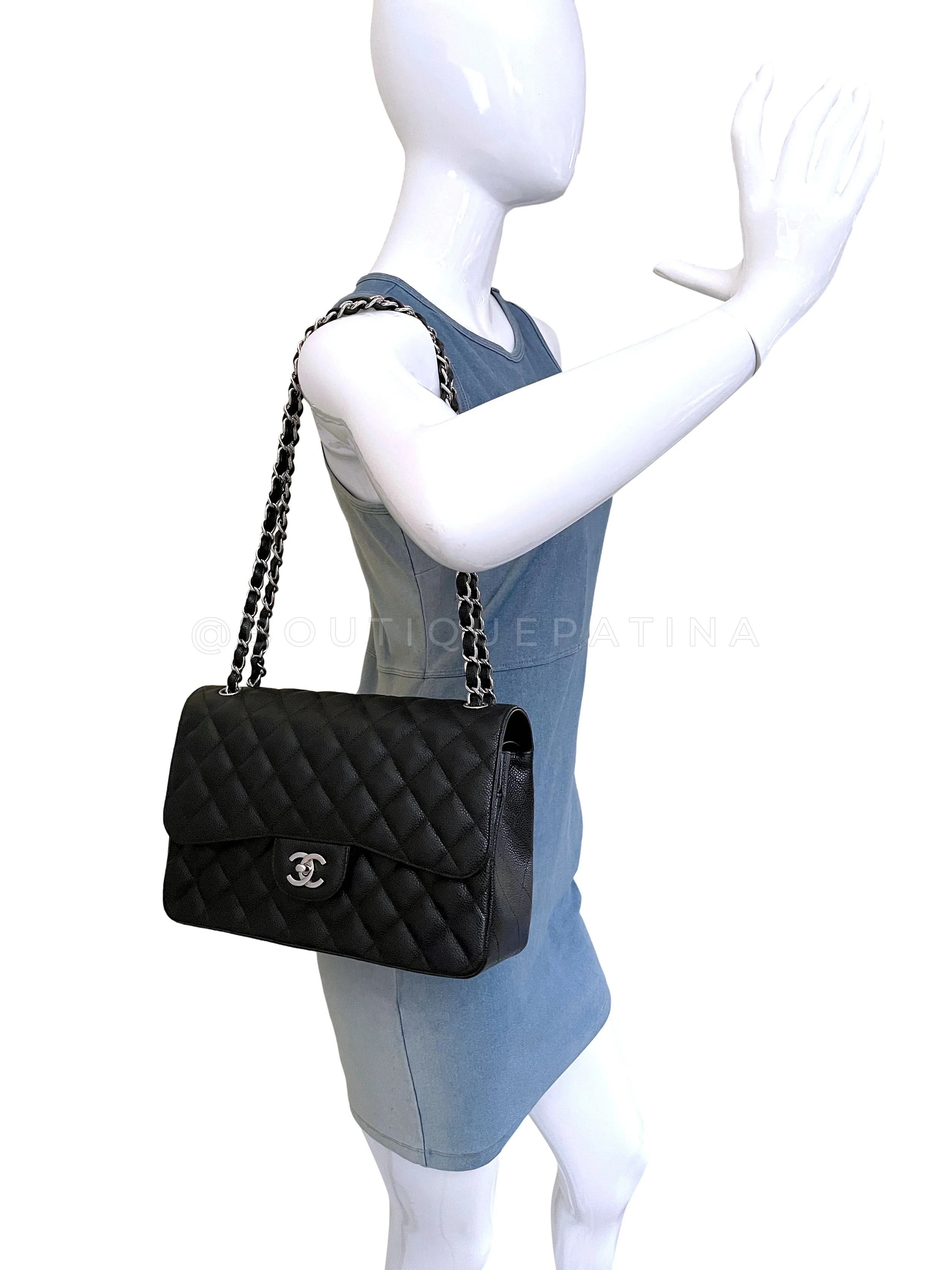 Chanel Black Caviar Jumbo Classic Double Flap Bag SHW - Image 14