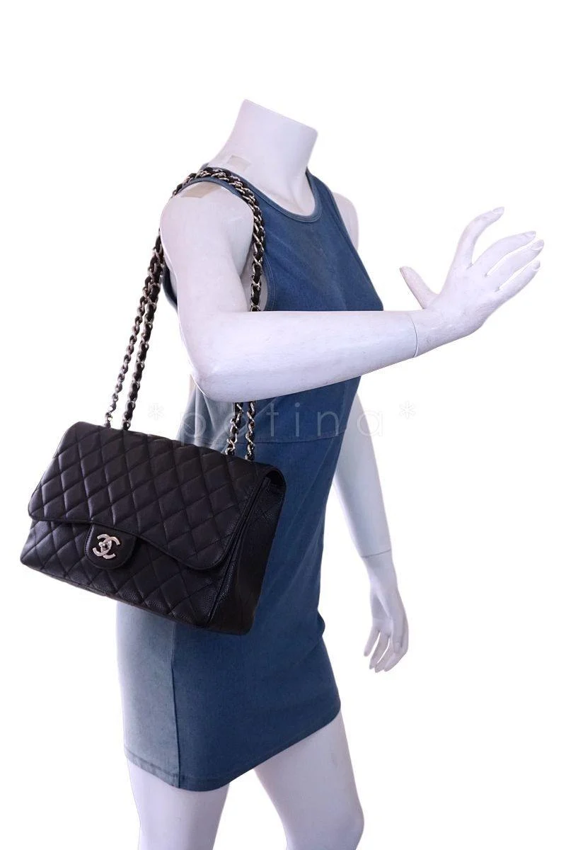 Chanel Black Caviar Jumbo Classic Flap Bag SHW - Image 14