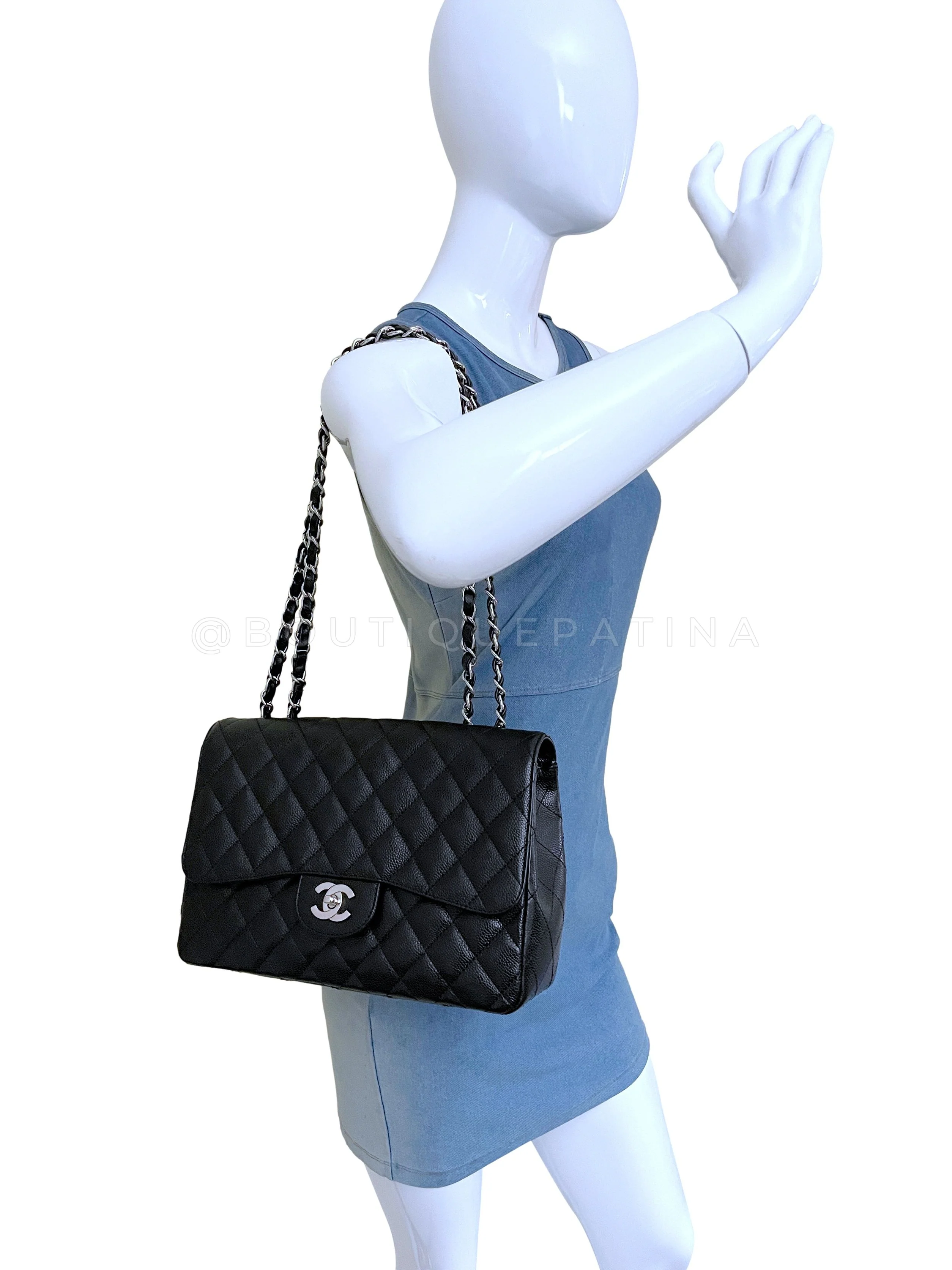 Chanel Black Caviar Jumbo Classic Flap Bag SHW - Image 14
