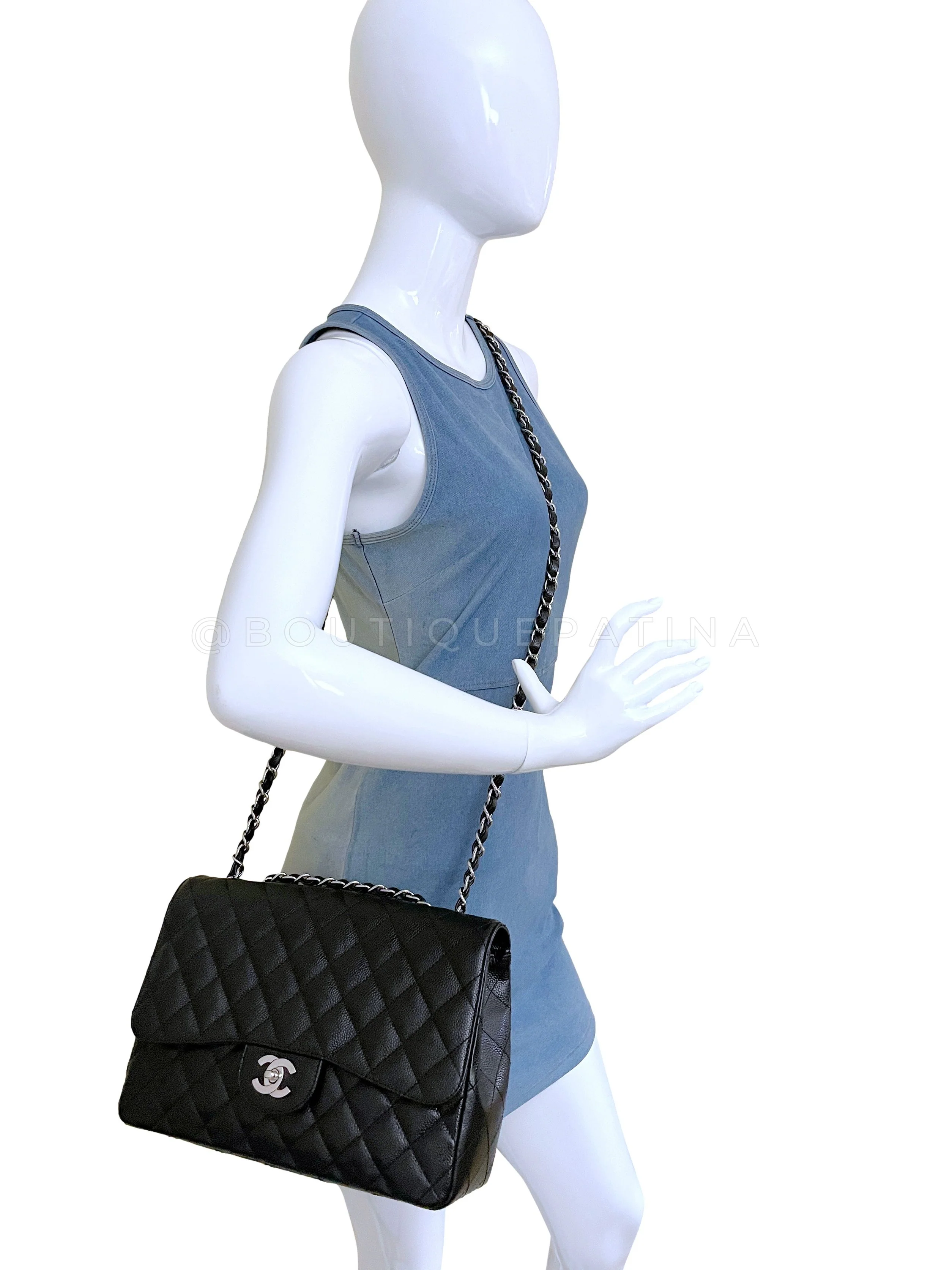 Chanel Black Caviar Jumbo Classic Flap Bag SHW - Image 15