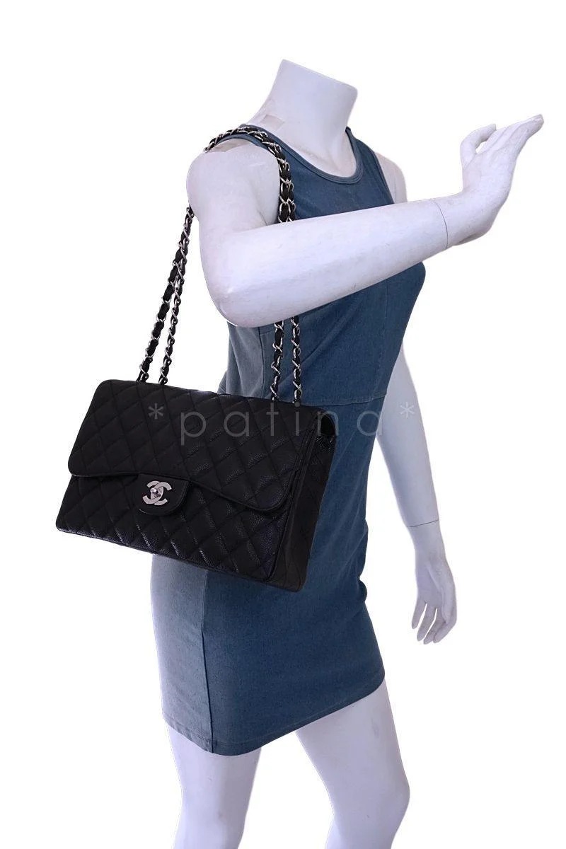 Chanel Black Caviar Jumbo Classic Flap Bag SHW - Image 14