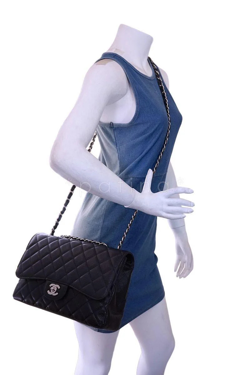 Chanel Black Caviar Jumbo Classic Flap Bag SHW - Image 15
