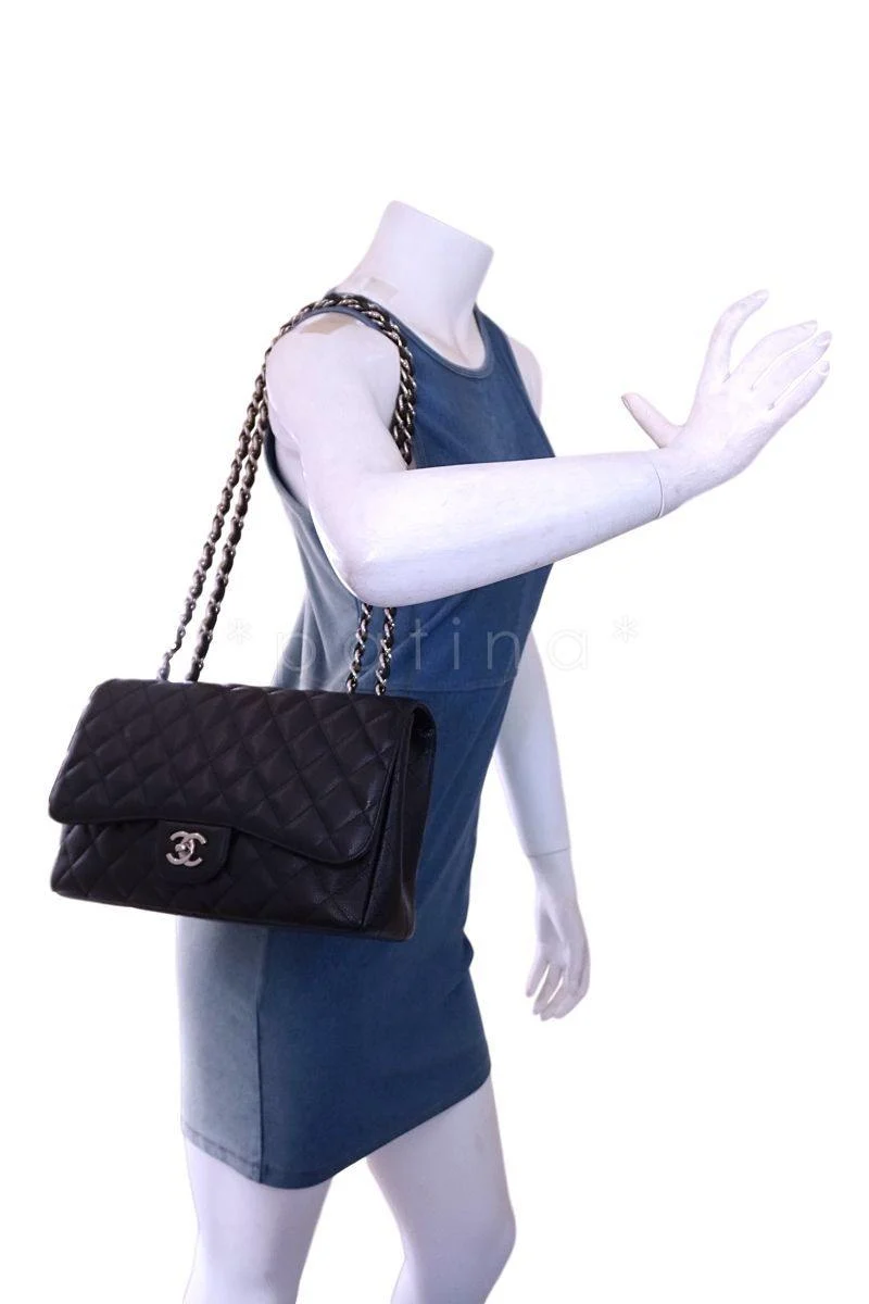 Chanel Black Caviar Jumbo Classic Flap Bag SHW - Image 14