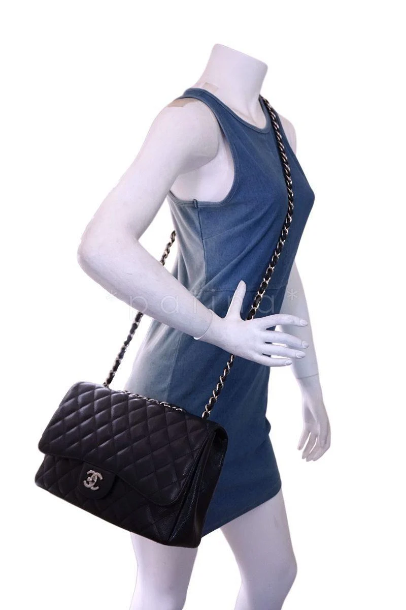 Chanel Black Caviar Jumbo Classic Flap Bag SHW - Image 15
