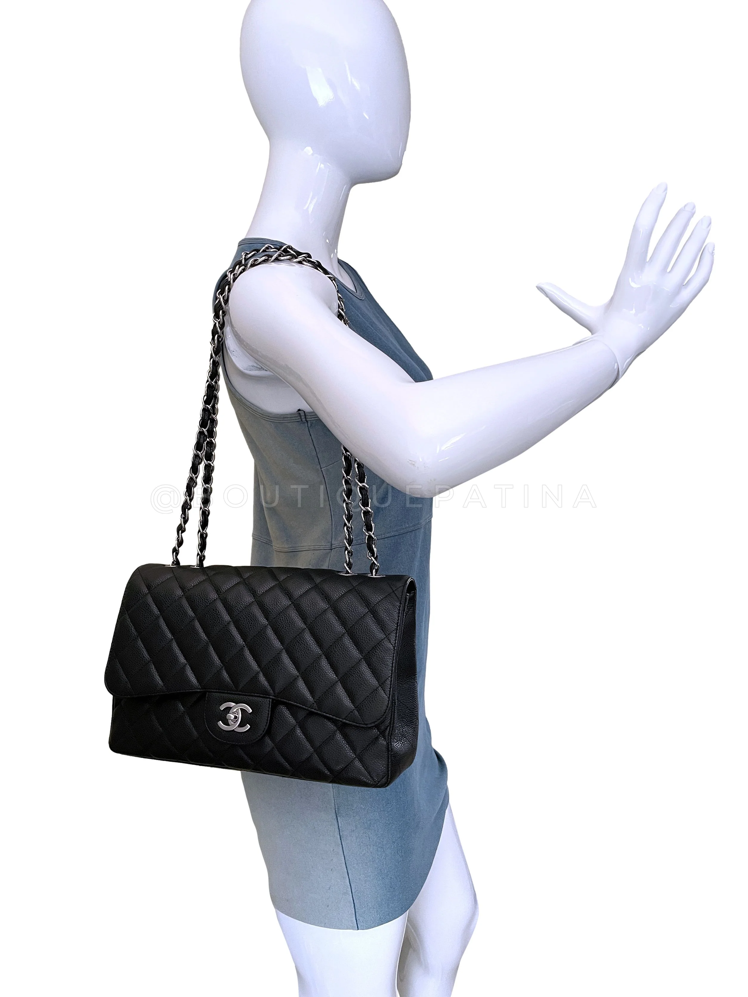 Chanel Black Caviar Jumbo Classic Single Flap Bag SHW - Image 13