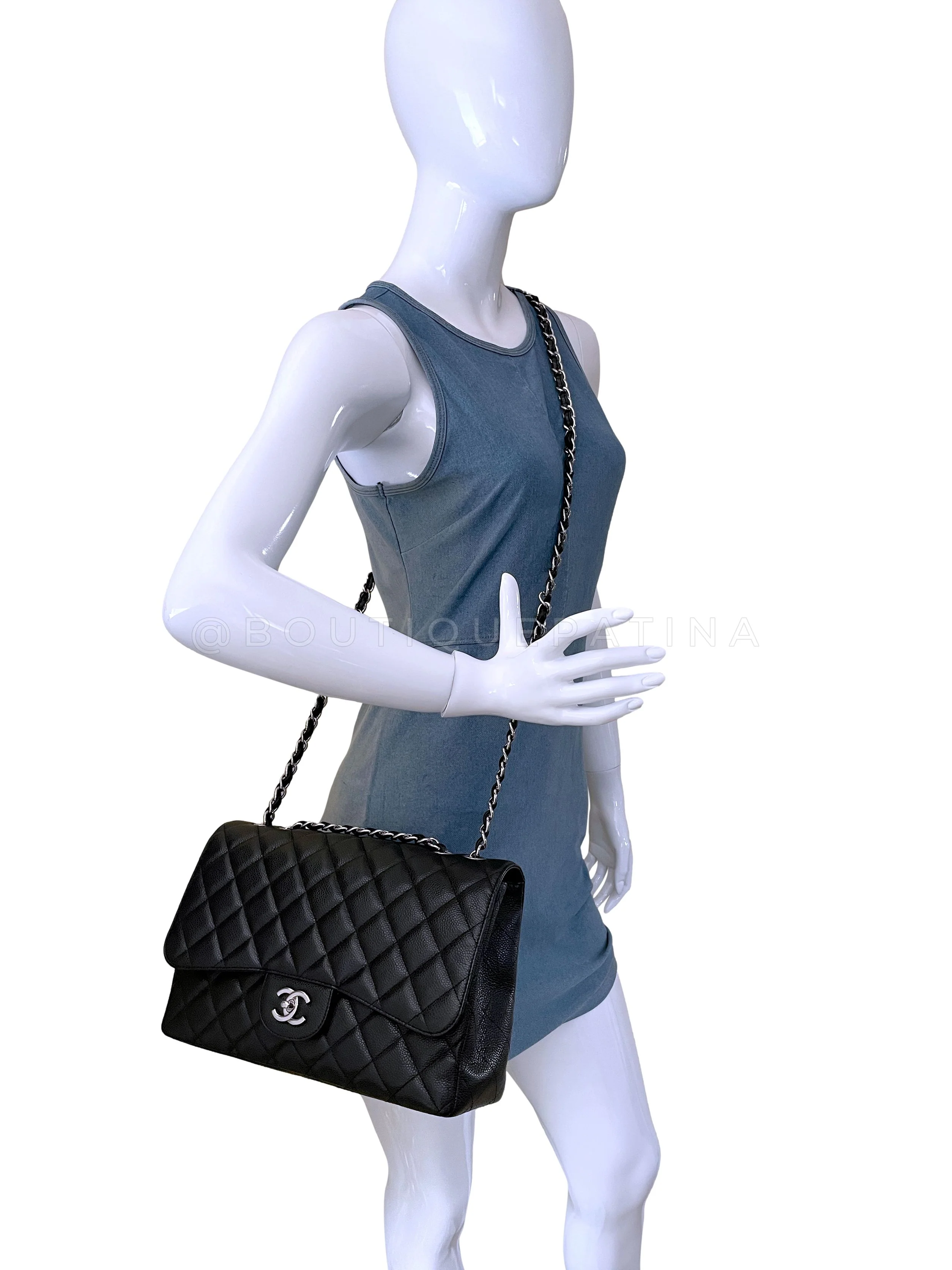 Chanel Black Caviar Jumbo Classic Single Flap Bag SHW - Image 14