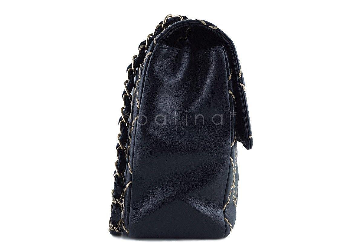 Chanel Black Contrast Stitch Surpique Jumbo Classic Flap Bag - Image 3