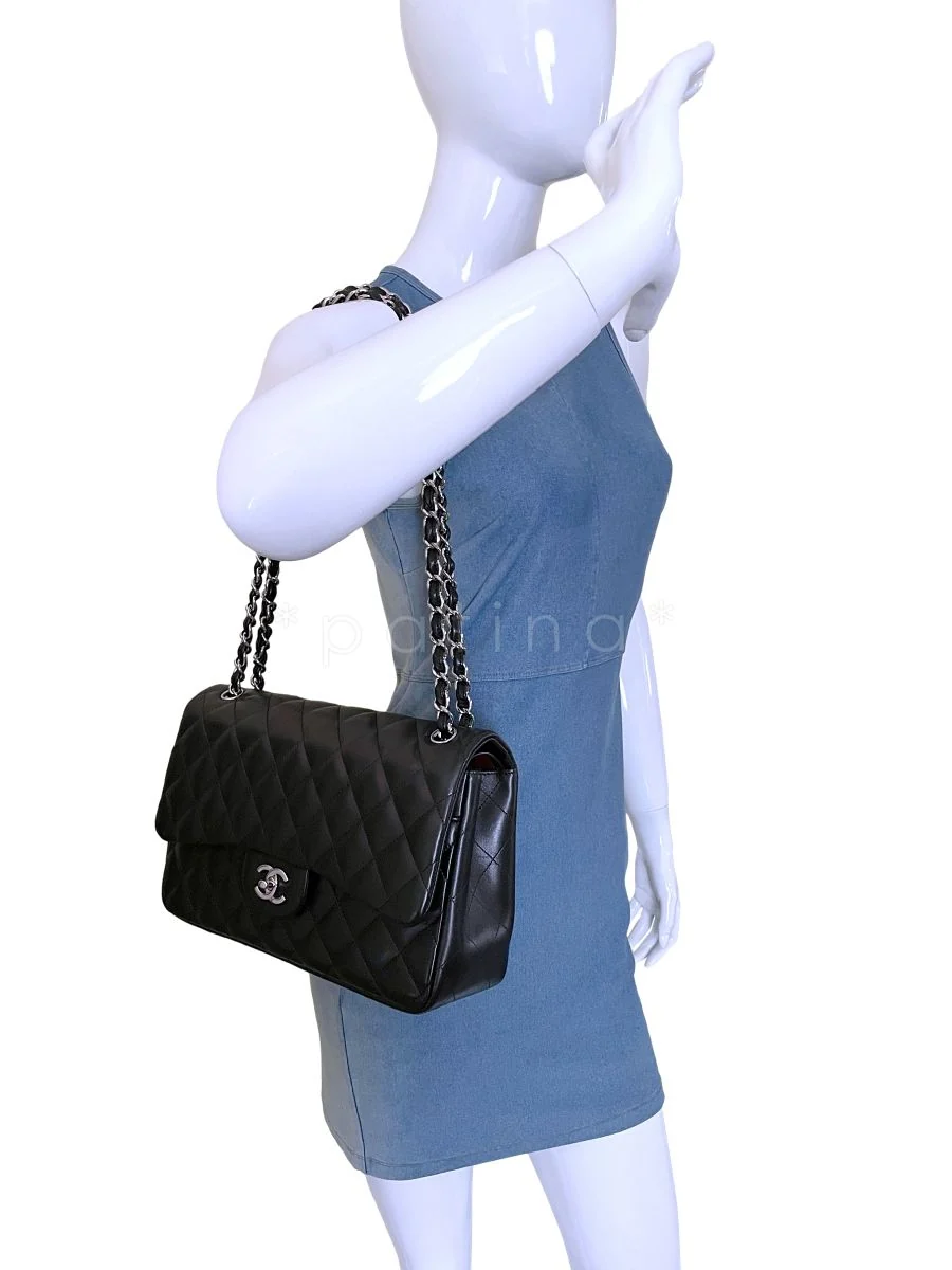 Chanel Black Lambskin Jumbo Classic Double Flap Bag SHW - Image 14