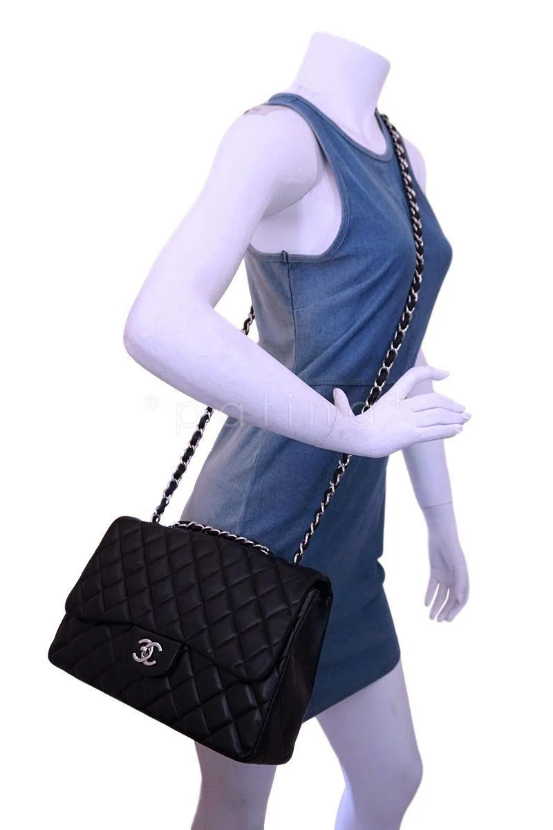 Chanel Black Lambskin Jumbo Classic Flap Bag SHW - Image 15