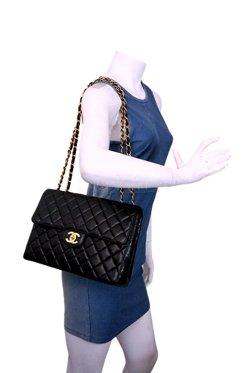 Chanel Black Lambskin Jumbo Quilted Classic 2.55 Flap Bag 24k GHW - Image 12