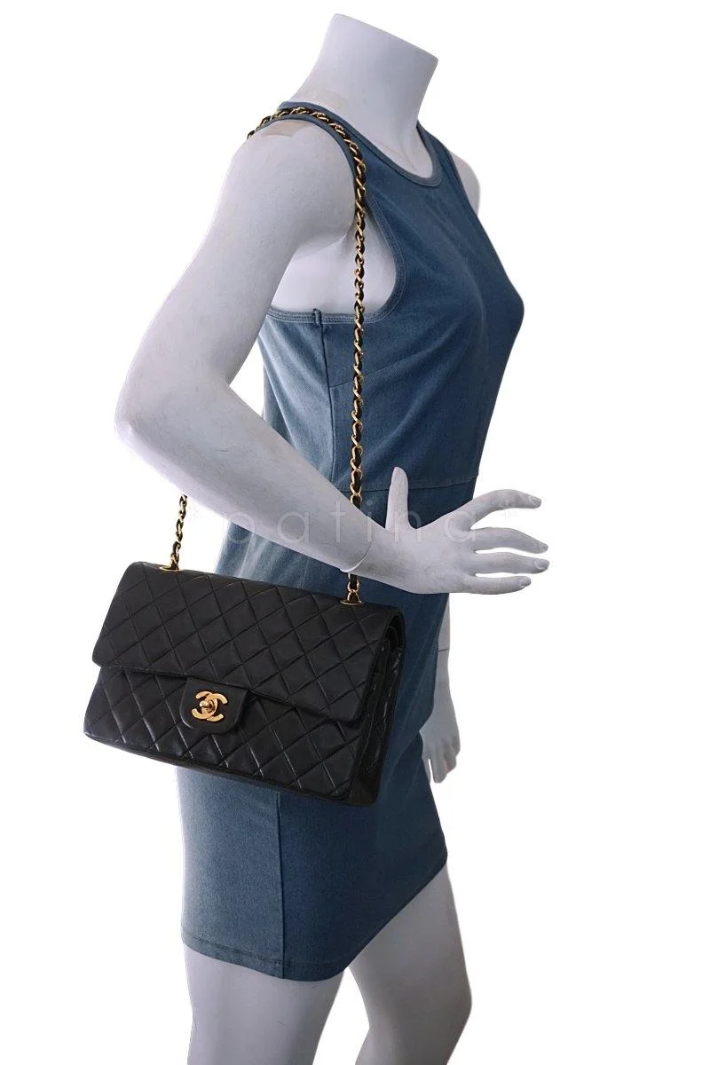 Chanel Black Lambskin Medium Classic Double Flap Bag 24k Gold Plated - Image 16